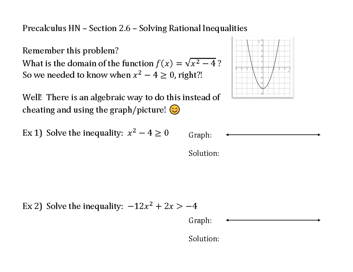 Notes2 In Class Work Precalculus Hn Section 2 Solving Rational Inequalities Remember 4692