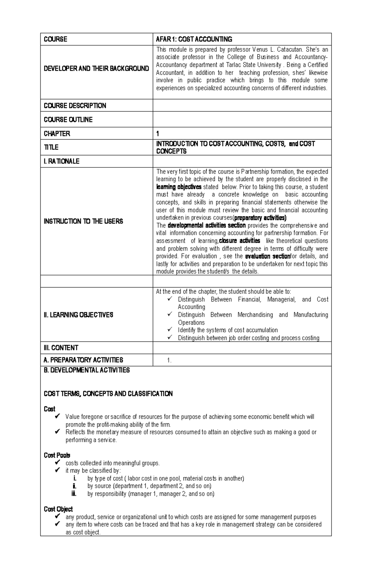 Advanced Financial Accounting and Reporting 1 - COURSE AFAR 1 : COST ...