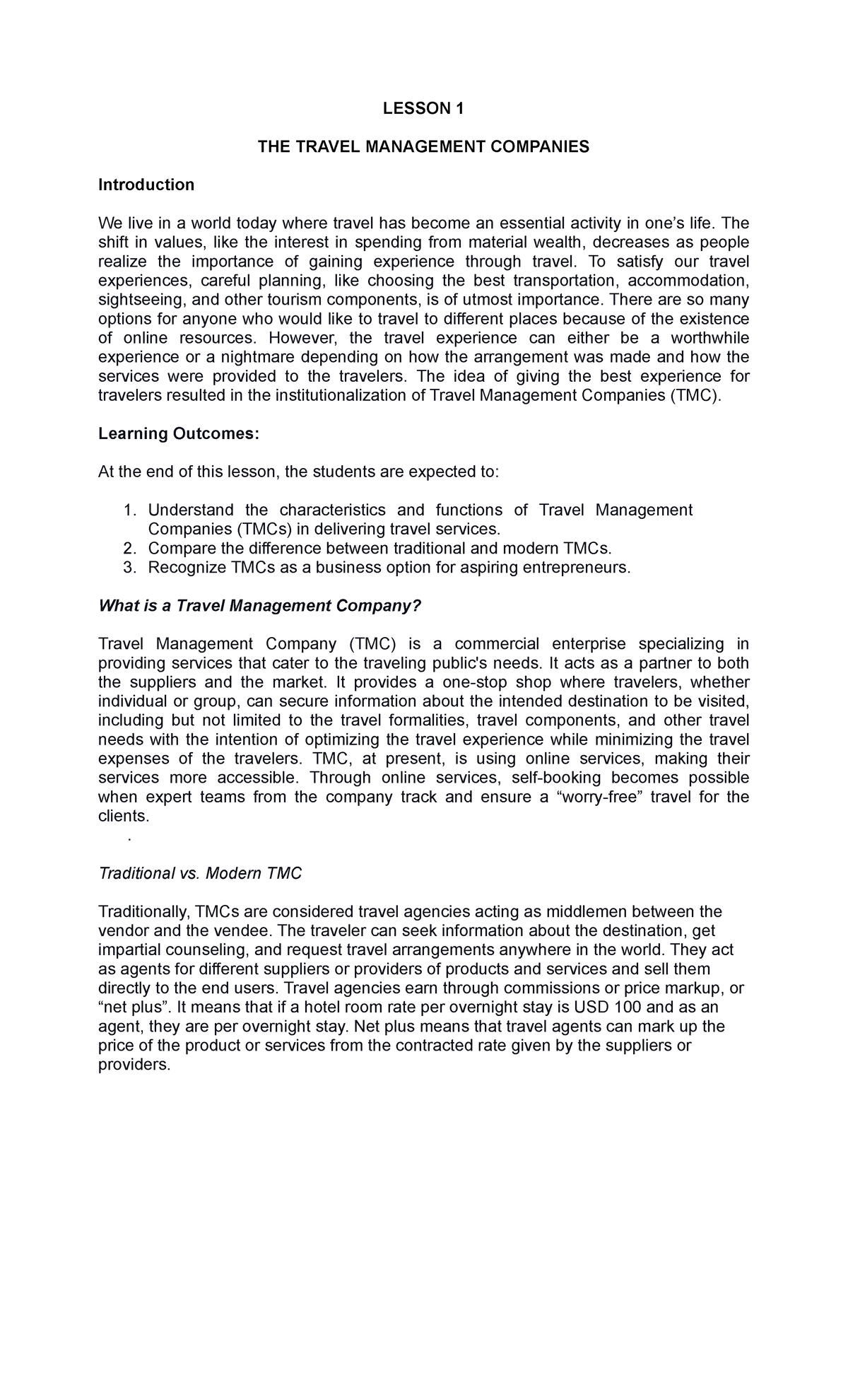 Module 1 - Travel Management Companies - LESSON 1 THE TRAVEL MANAGEMENT ...