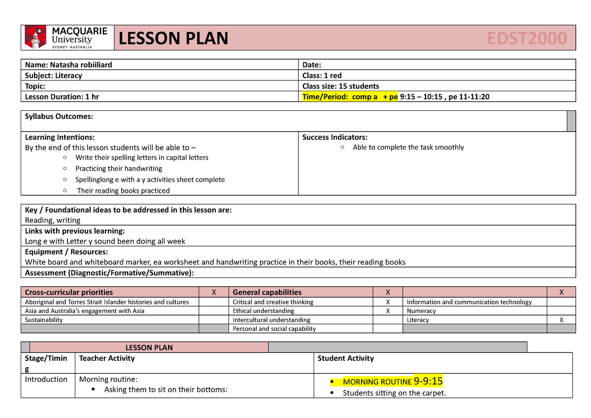 Complete lesson plan for tues and wed LESSON PLAN EDST Name Natasha