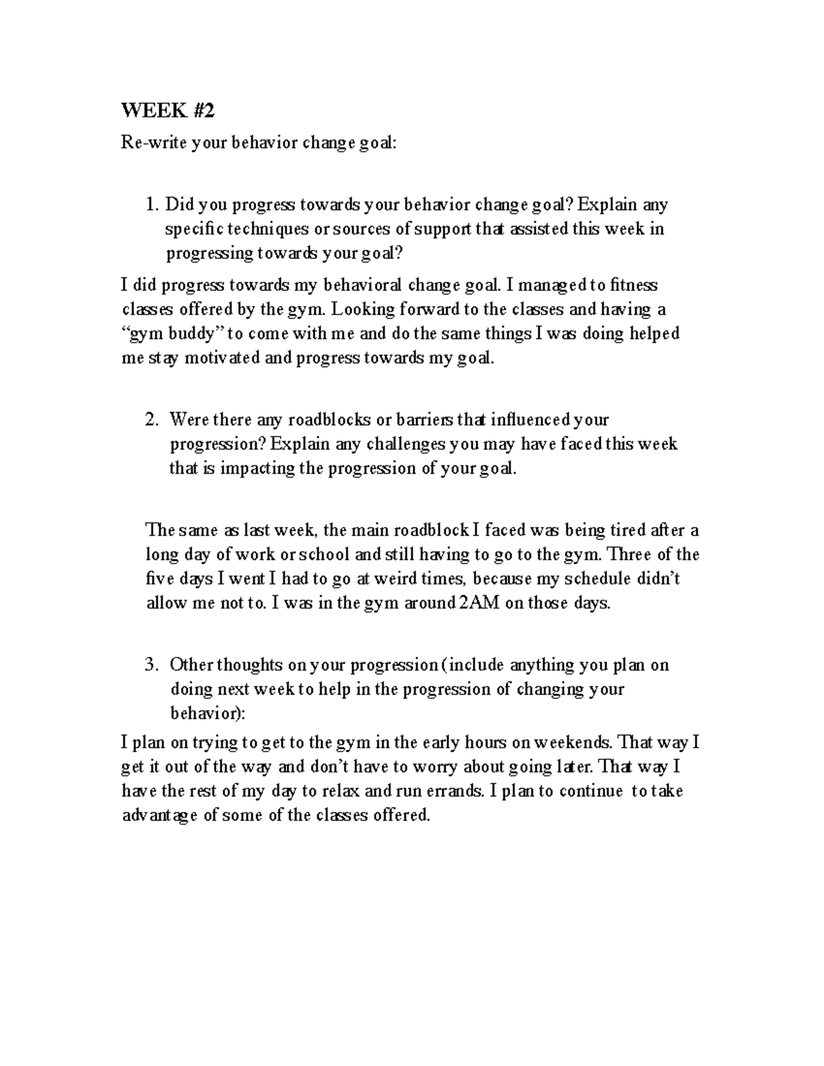 Behavior Change Journal Week 2 for PE 144 2 - WEEK Re-write your ...