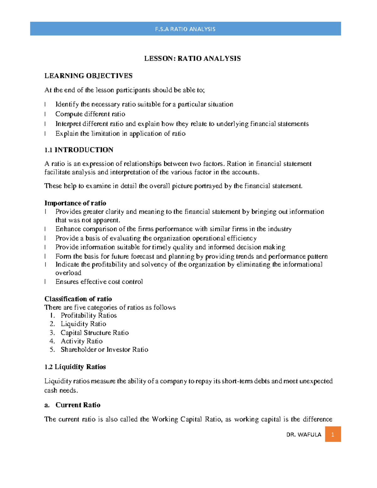 Lesson 5 Ration Analysis - LESSON: RATIO ANALYSIS LEARNING OBJECTIVES ...