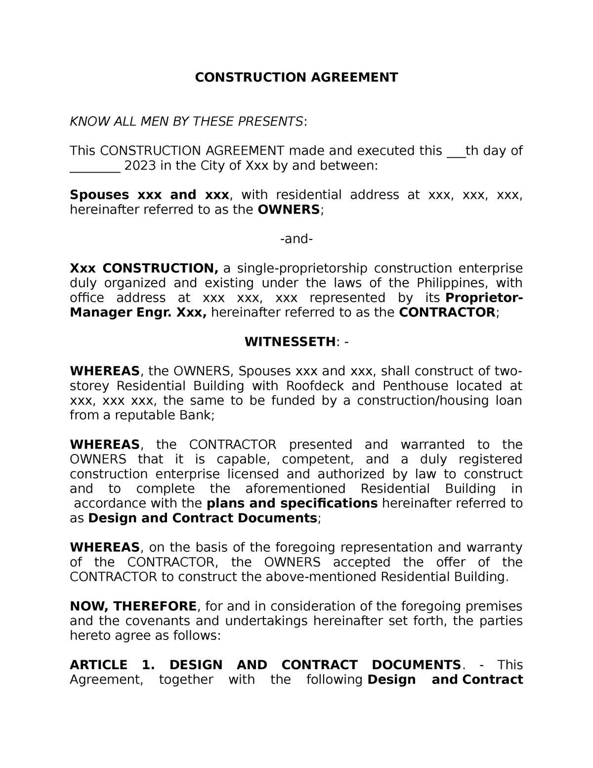 Construction Agreement - CONSTRUCTION AGREEMENT KNOW ALL MEN BY THESE ...