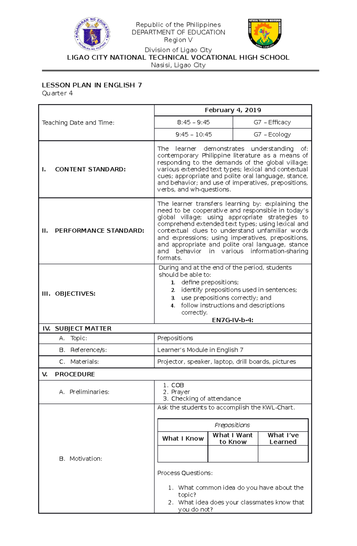 Sample LP - a lesson plan in english 7 - Republic of the Philippines ...