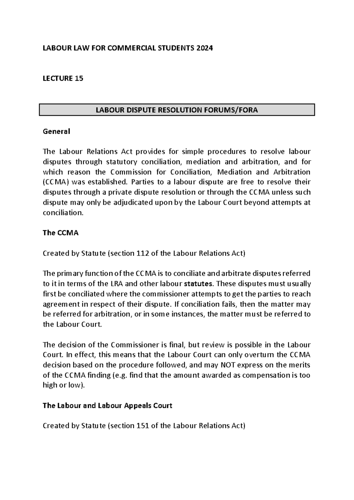 Labour LAW - Lecture 15 - 2024 - LABOUR LAW FOR COMMERCIAL STUDENTS ...
