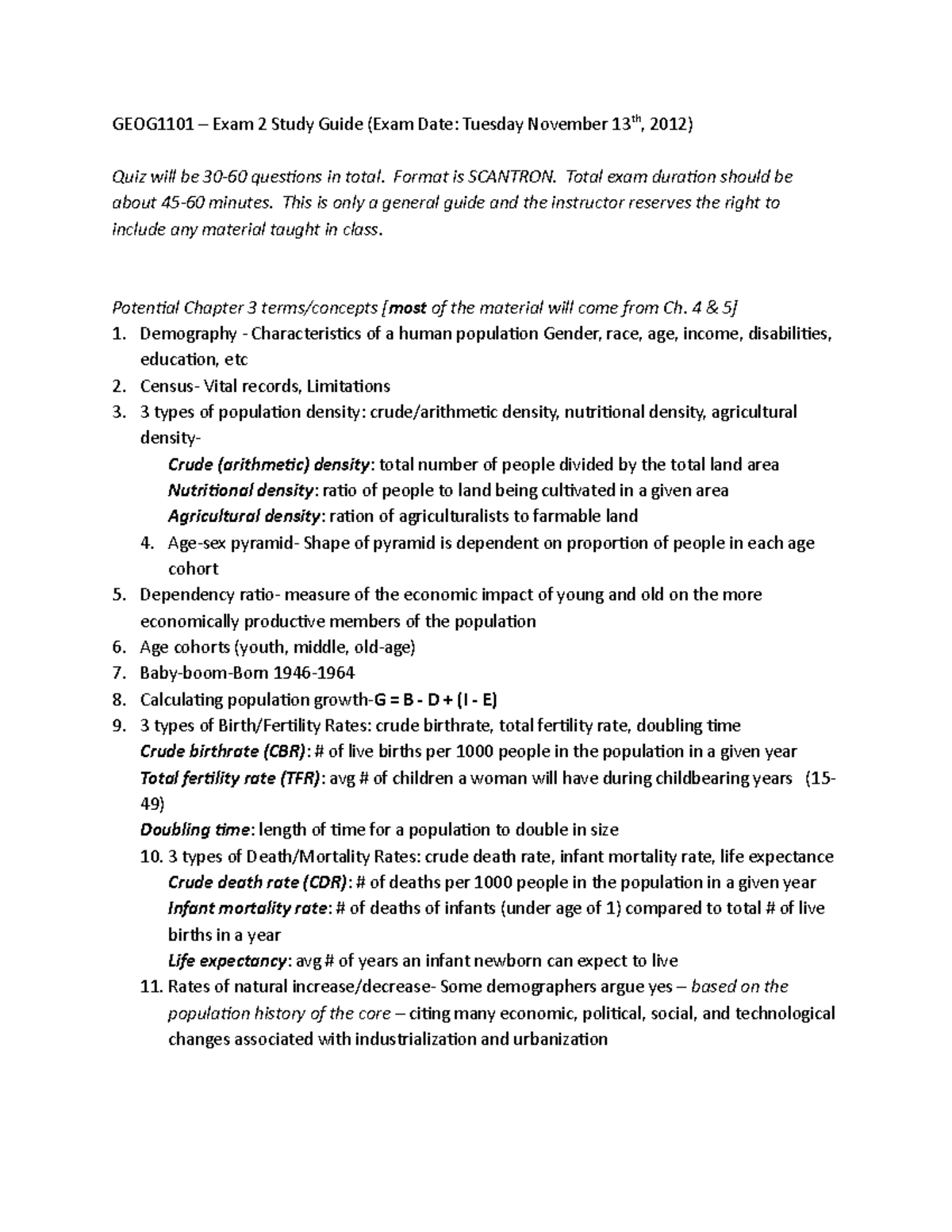 Exam 2 Study Guide - GEOG1101 – Exam 2 Study Guide (Exam Date: Tuesday ...