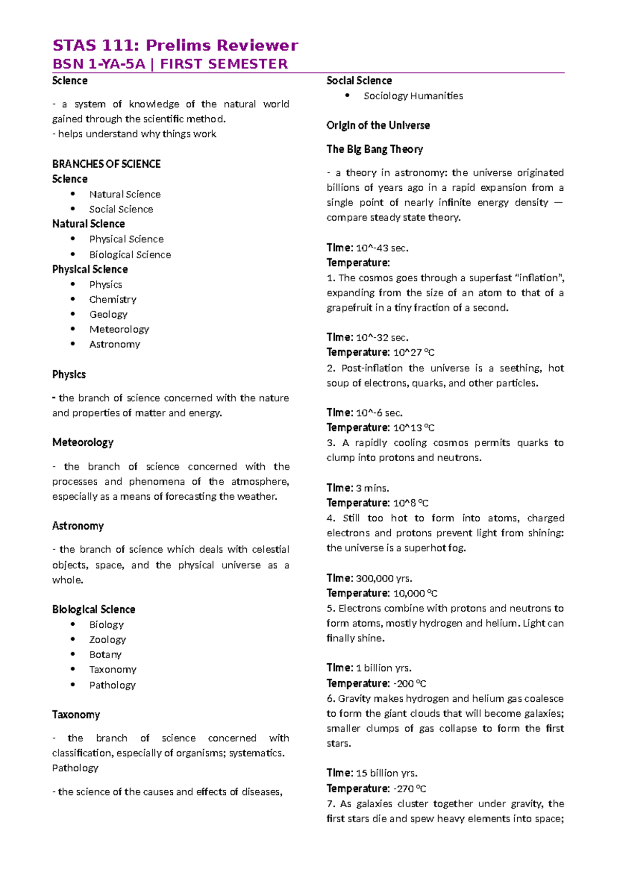 STAS-Prelims-Reviewer - BSN 1-YA-5A | FIRST SEMESTER Science a system ...