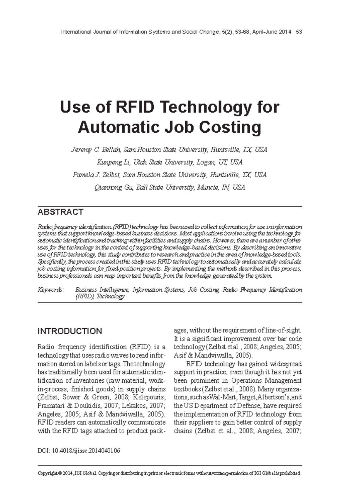 Use of RFID Technology for Automatic Job Costing ABSTRACT Radio
