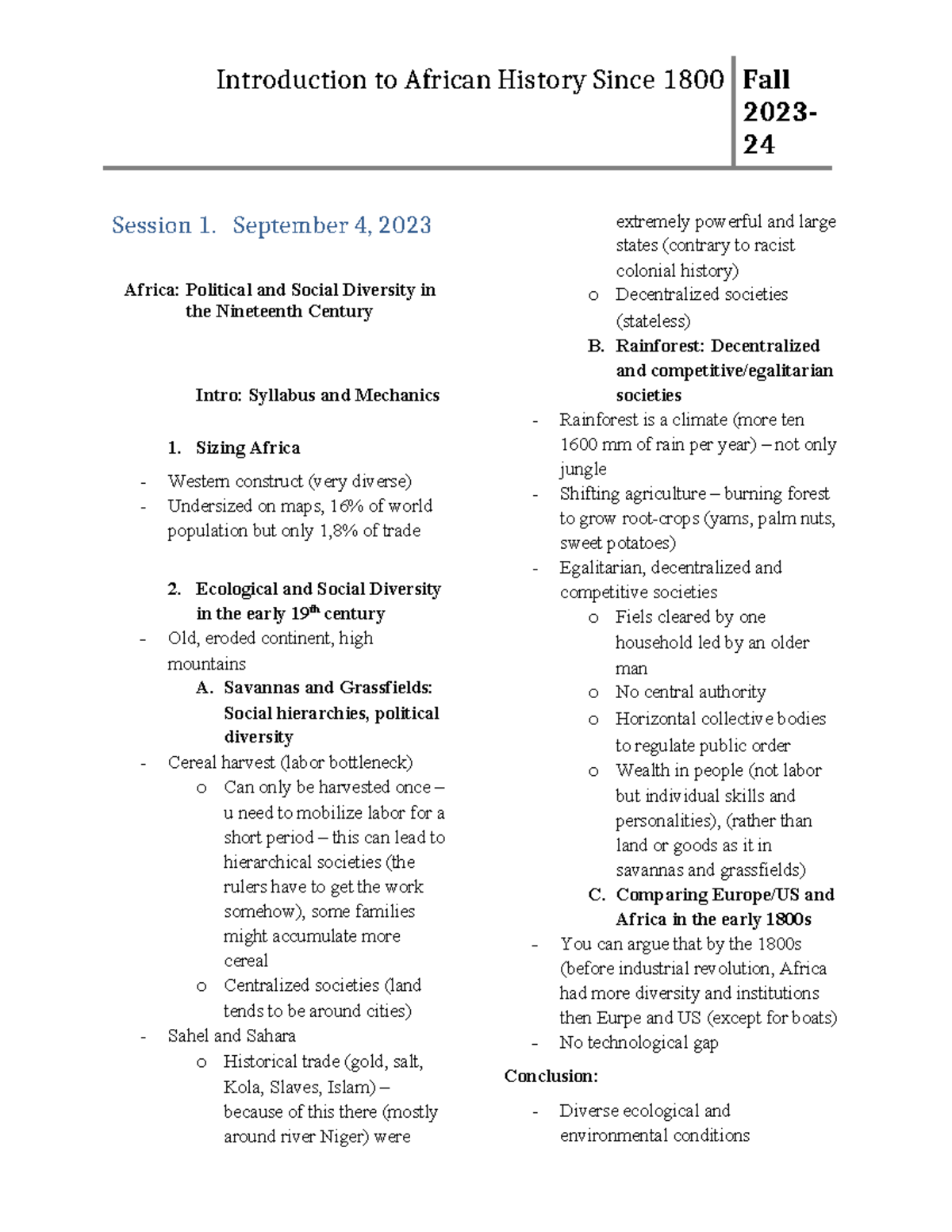 Africa notes - 2023- 24 Session 1. September 4, 2023 Africa: Political ...