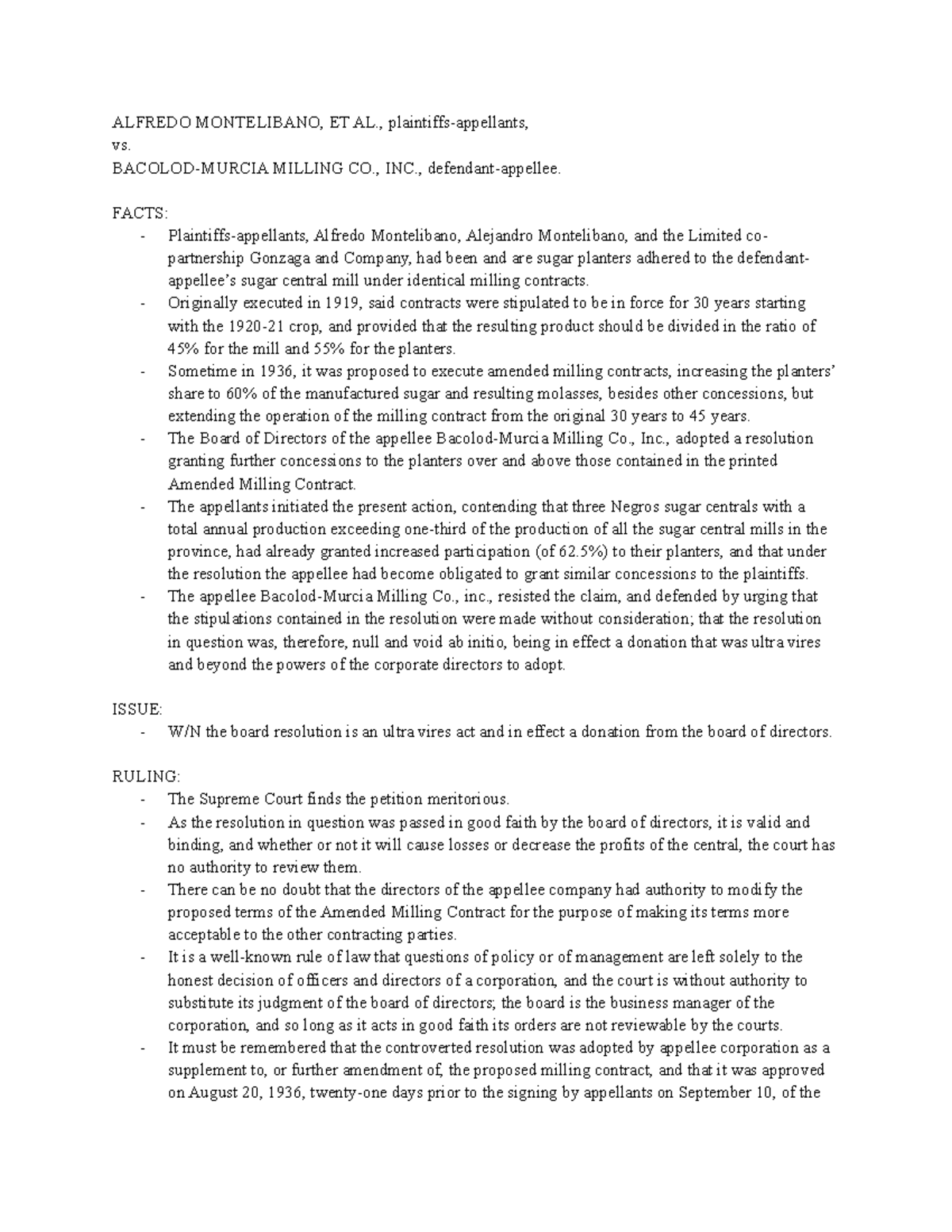 2. Montelibano v. Bacolod-Murcia Milling Co - ALFREDO MONTELIBANO, ET ...