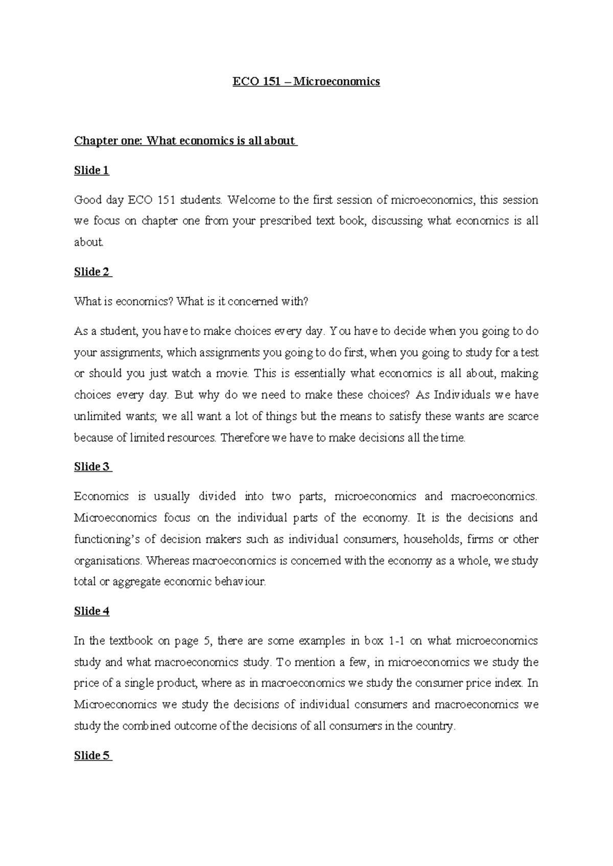 Chapter 1 Marketing Is All Around Us Answer Key Chapter+1+Lecture+slide+notes - ECO 151 – Microeconomics Chapter one