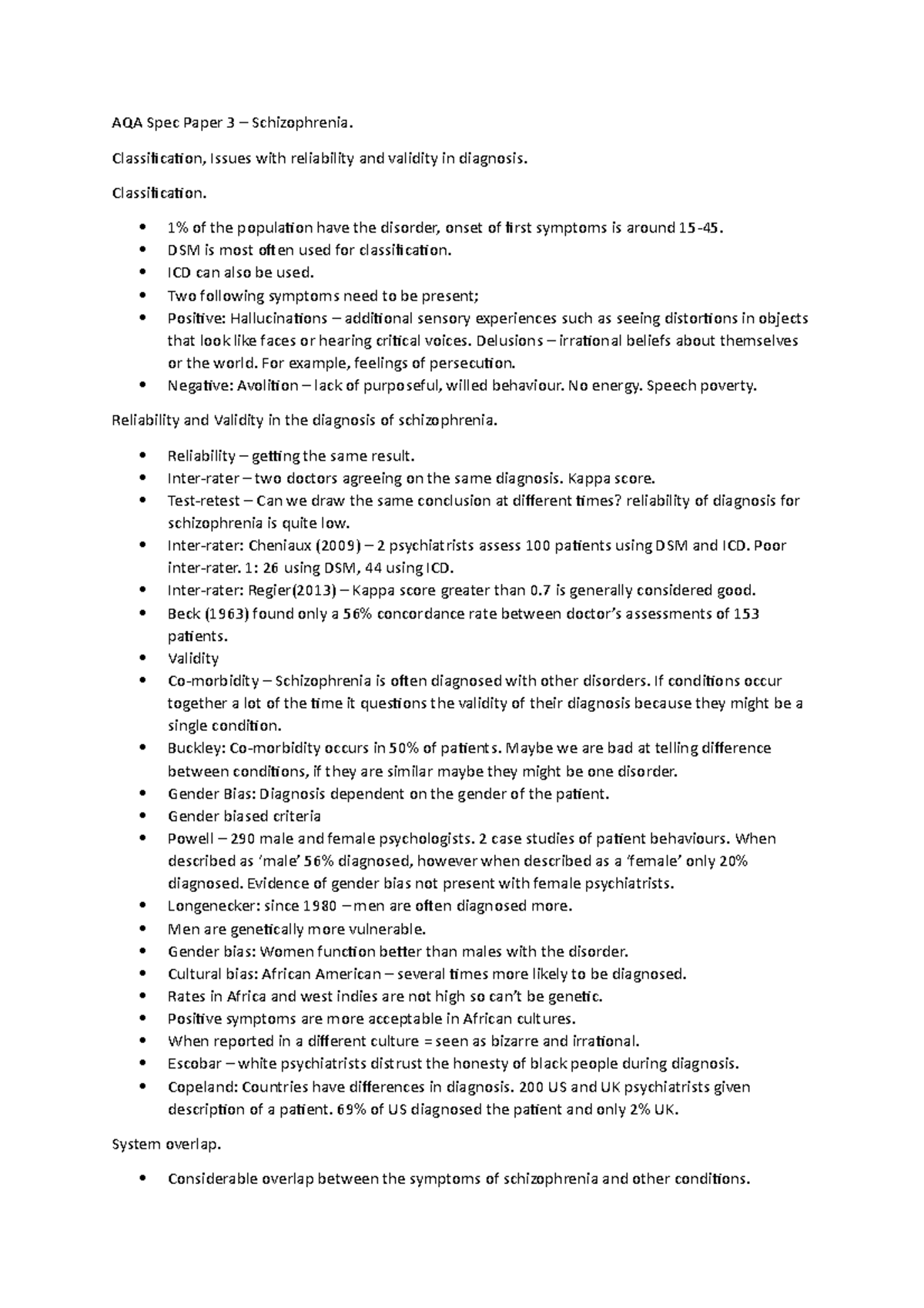 Schizophrenia - Notes - Aqa Spec Paper 3 – Schizophrenia 