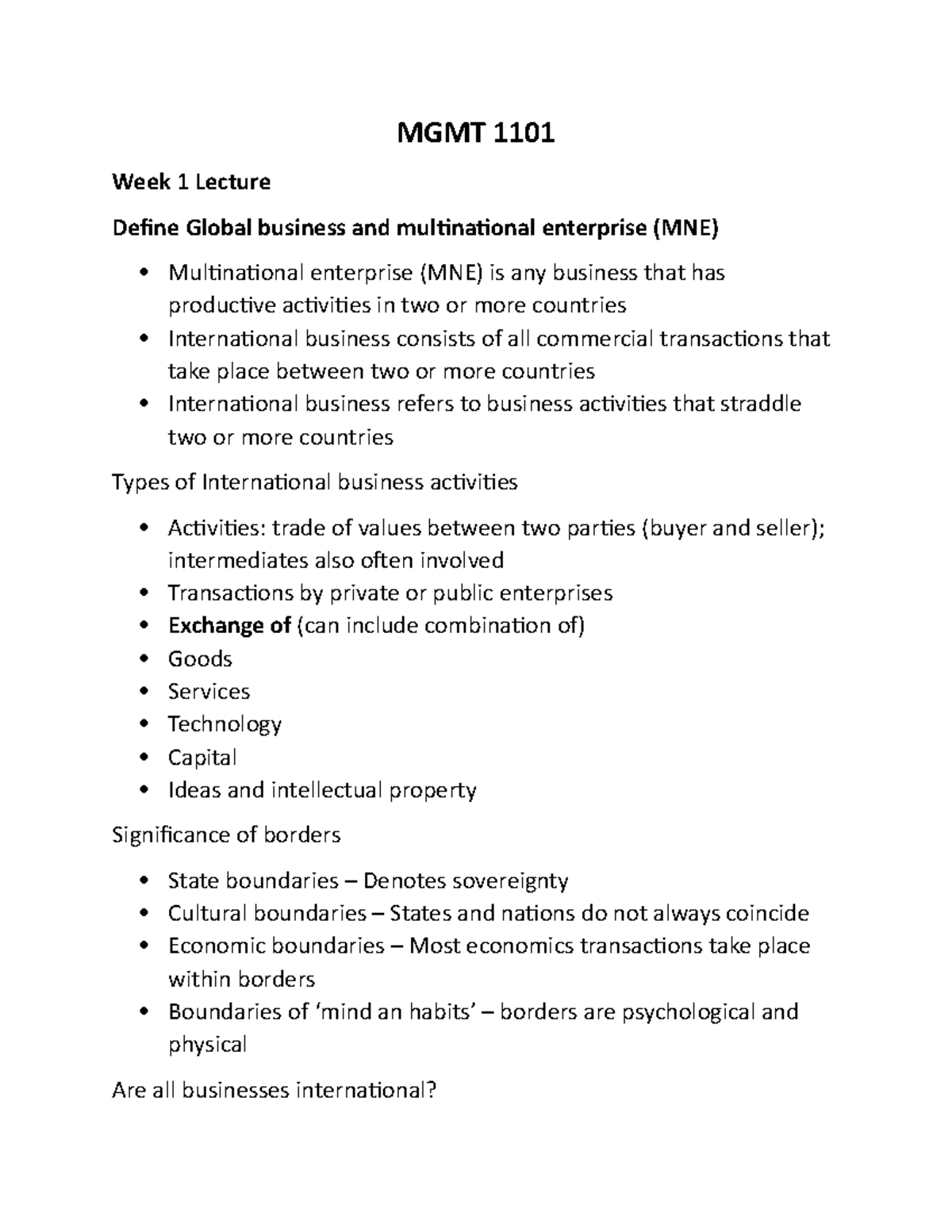 MGMT 1101 - MGMT 1101 Notes - MGMT 1101 Week 1 Lecture Define Global ...