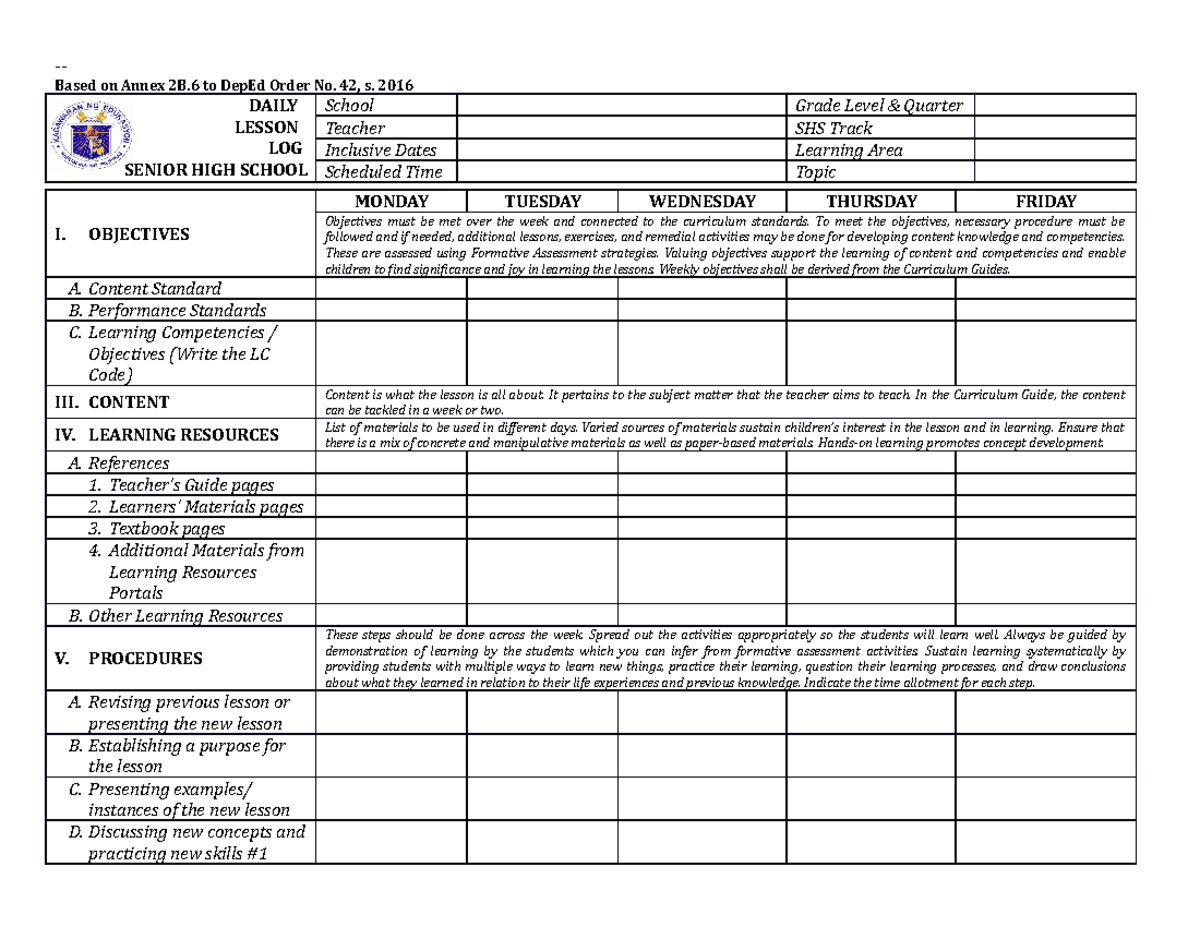 1 SHS Daily Lesson LOG DLL Template By - Based on Annex 2B to DepEd ...