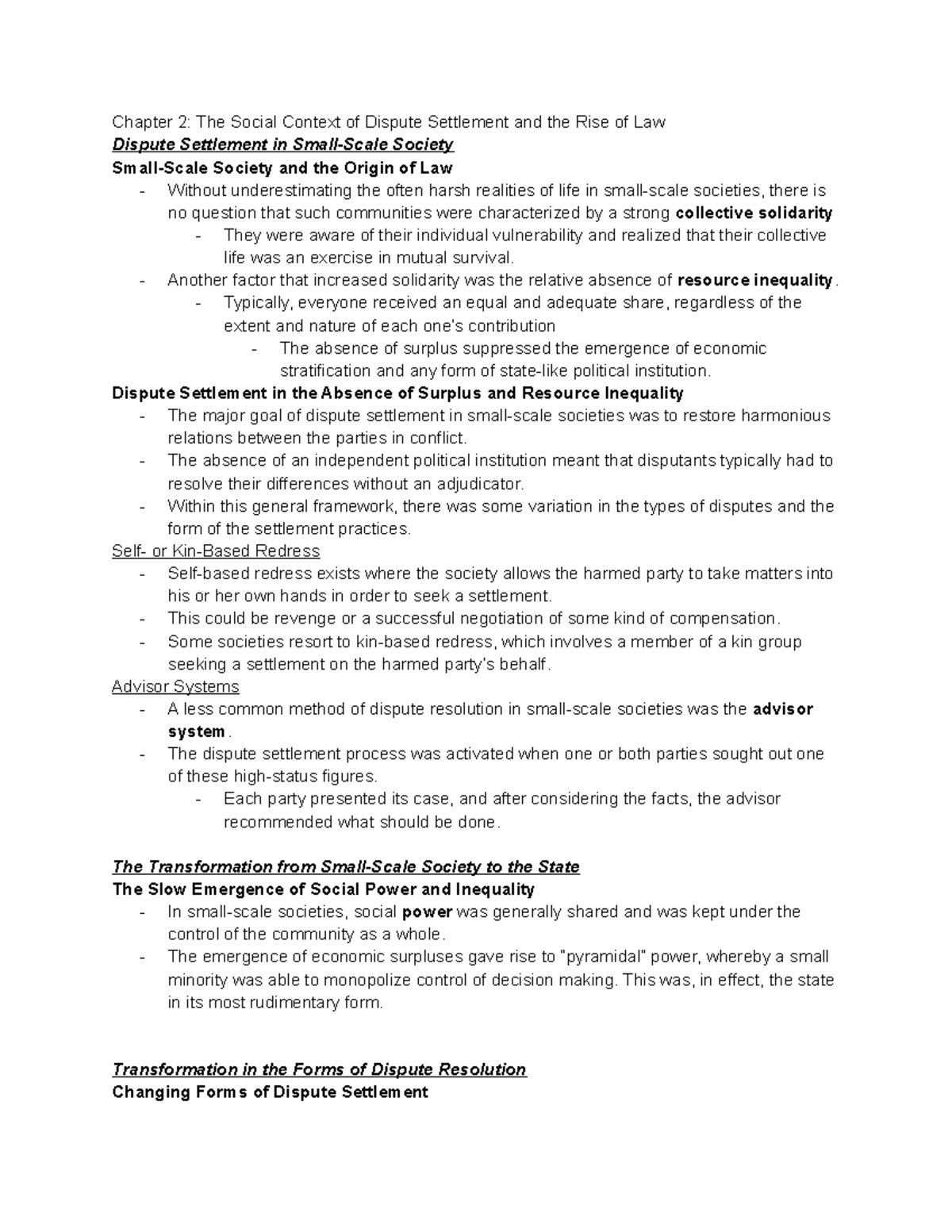 Chapter 2 Summary The Social Context Of Dispute Settlement And The