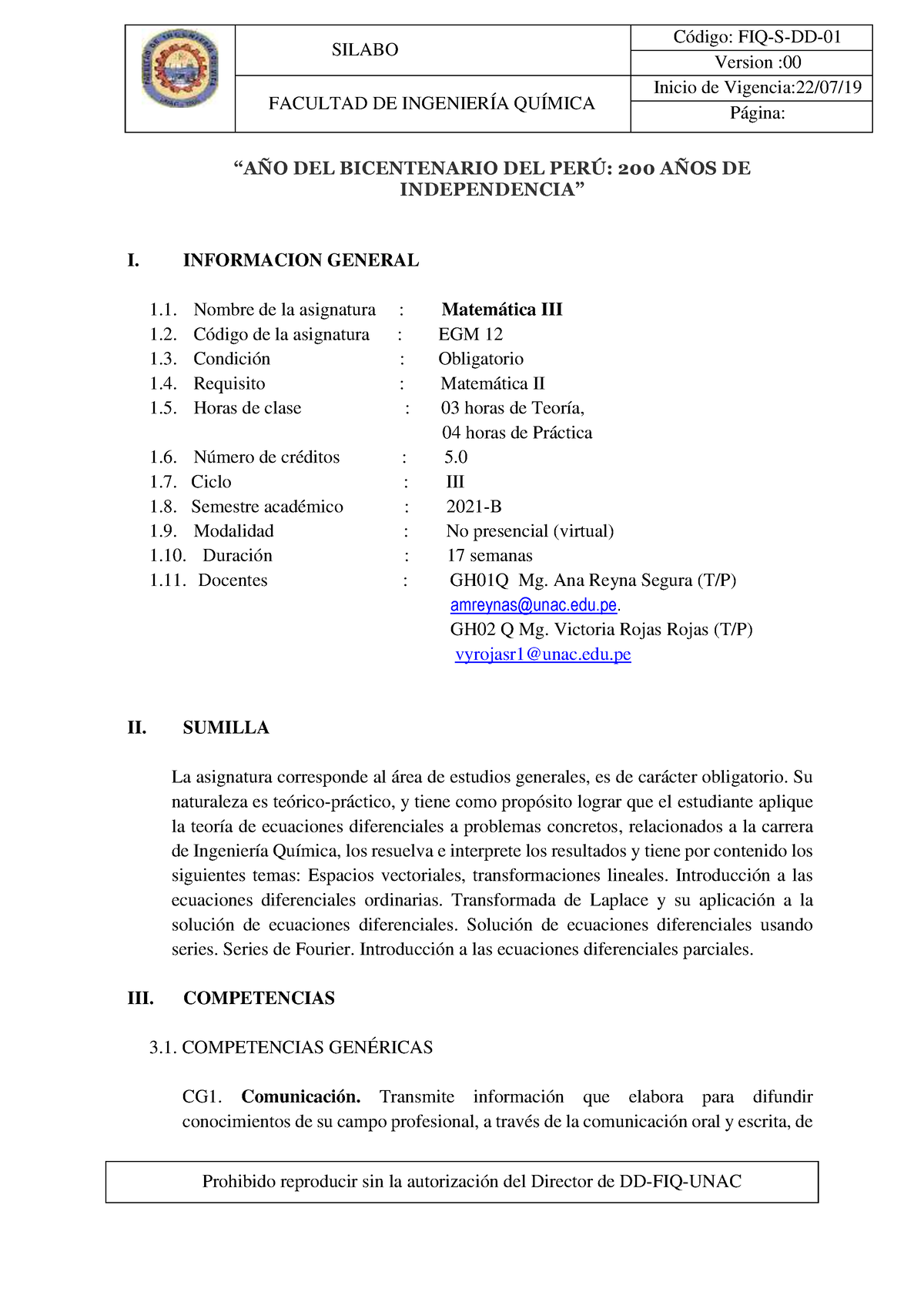 Silabo Matemática III-2021-B - Matematica III - UNAC - Studocu