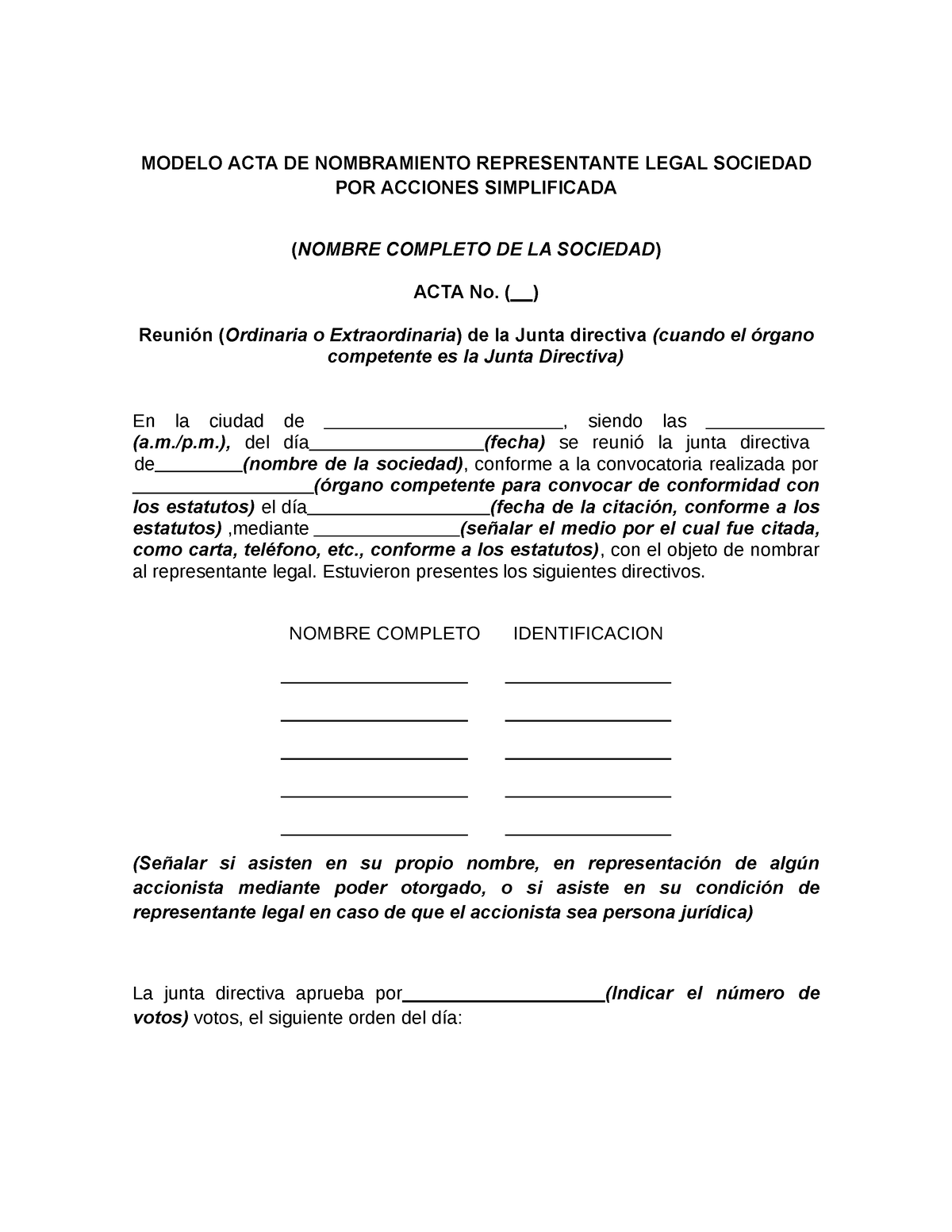 Nombramiento Representante Legal Modelo Acta De Nombramiento