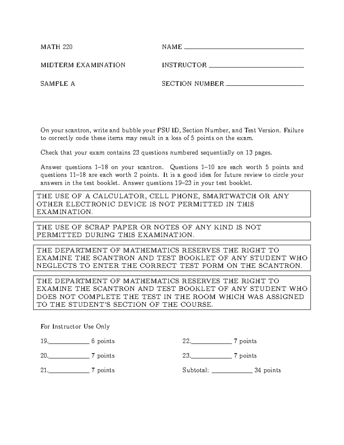 Sample/practice exam Spring 2020 - MATH 220 NAME MIDTERM EXAMINATION ...