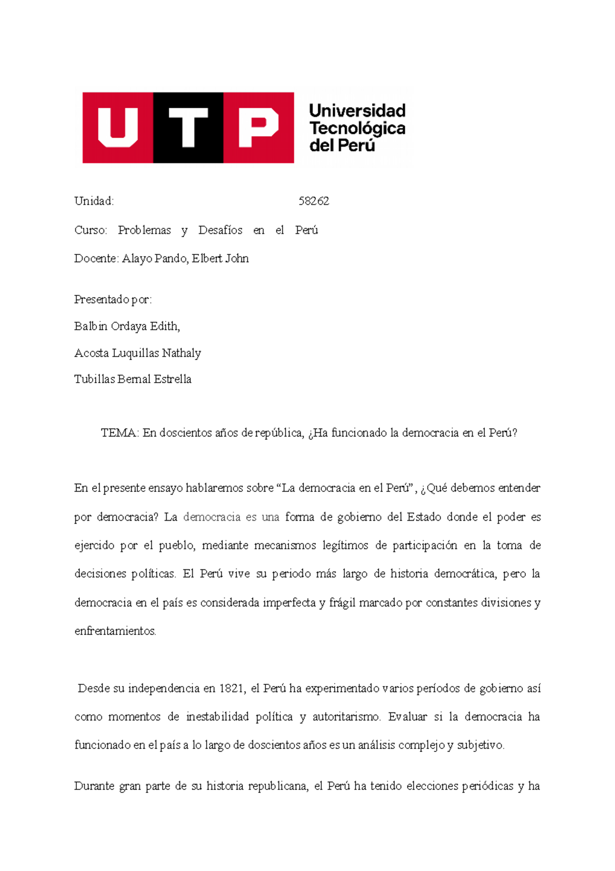 Ensayo La Democracia En El Perú Unidad 58262 Curso Problemas Y