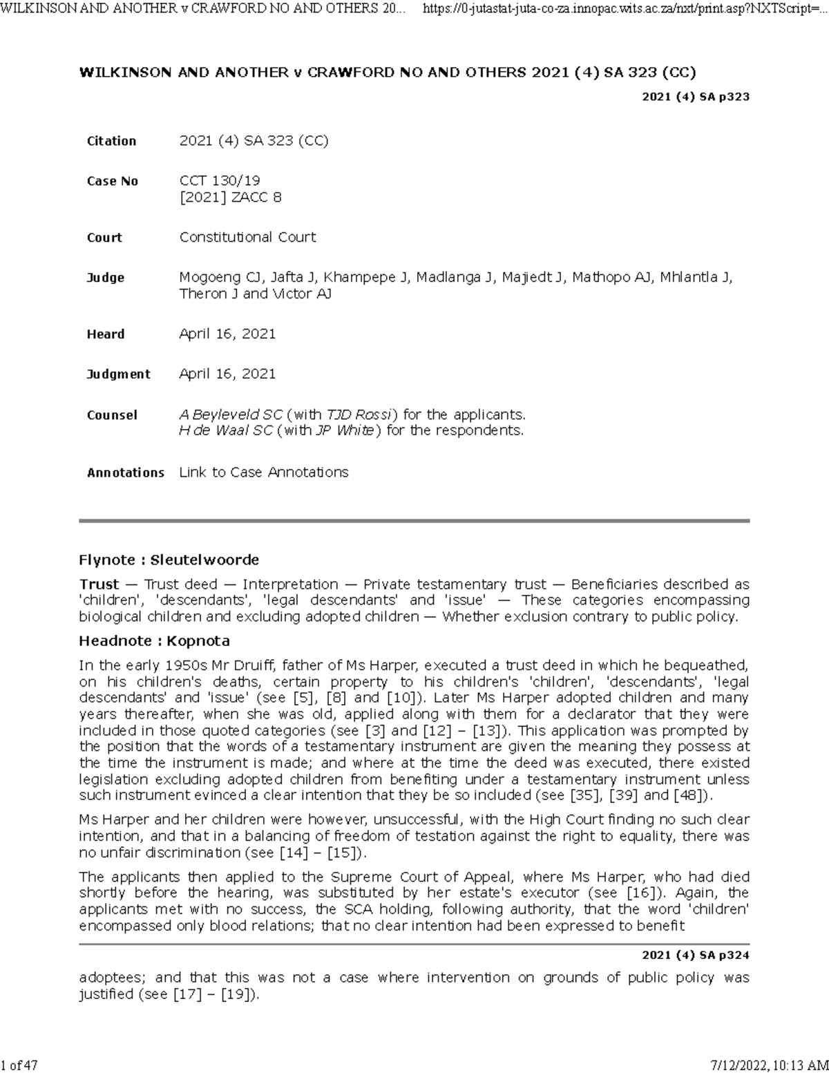 Wilkinson AND Another v Crawford NO AND Others 2021 (4) SA 323 (CC