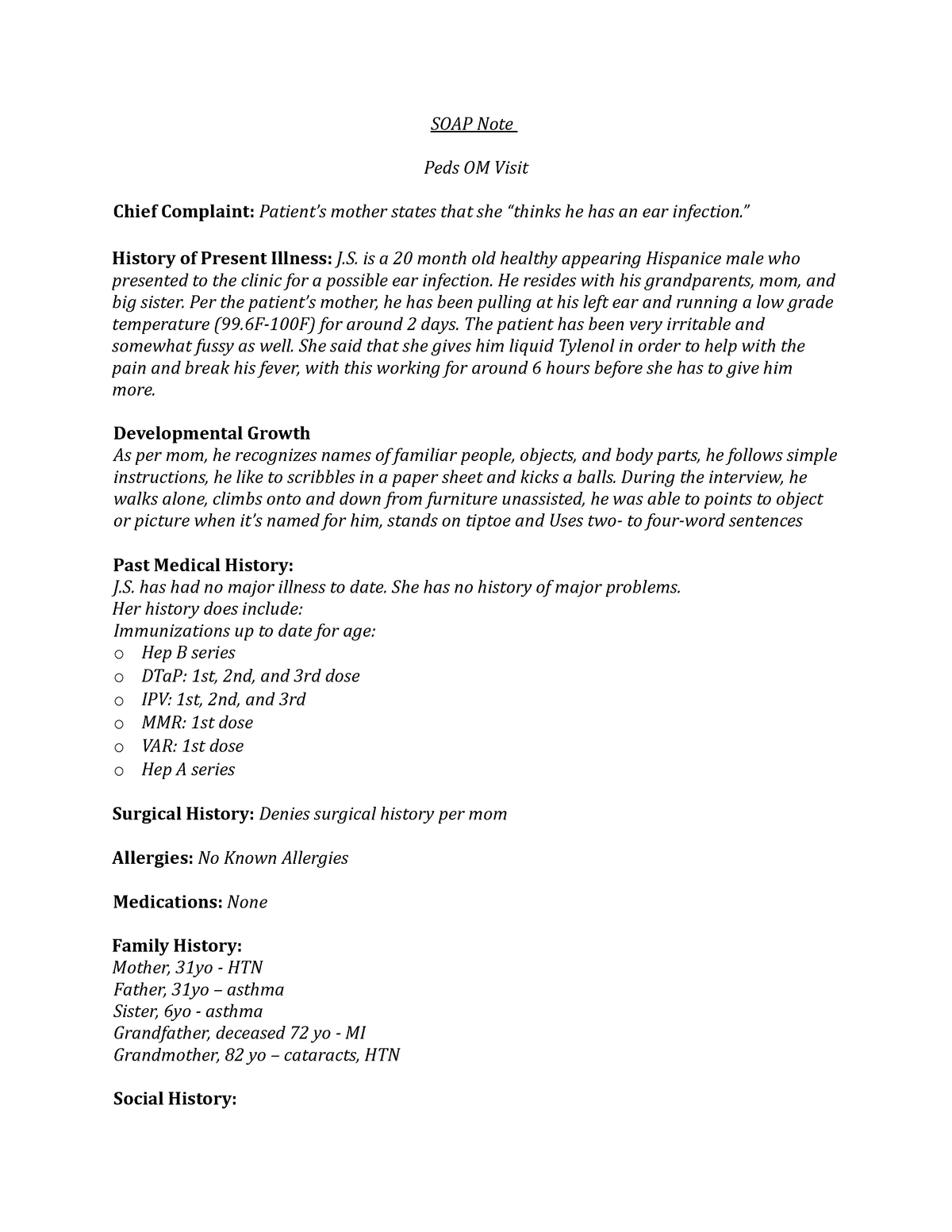 Peds OM - soap note - SOAP Note Peds OM Visit Chief Complaint With Regard To Pediatric Soap Note Template