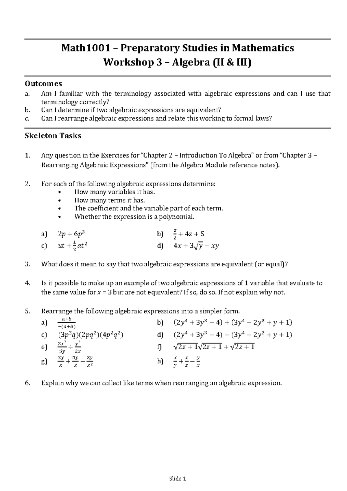 Math1001 Workshop 3 task assignment 1 - Slide 1 Math1001 – Preparatory ...