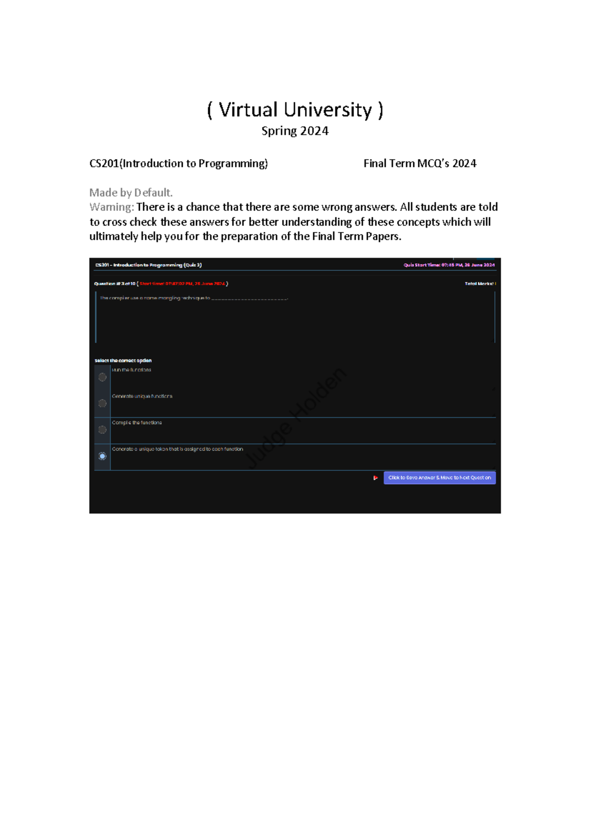 CS201-Final Term-Spring 2024-Latest MCQ's - Introduction To Programming ...