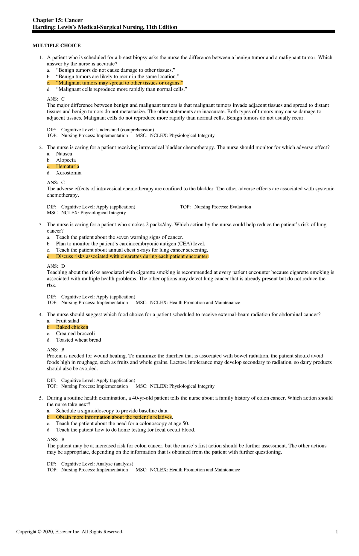 Exam View - CH0015 Harding 11e TB - Chapter 15: Cancer Harding: Lewis’s ...