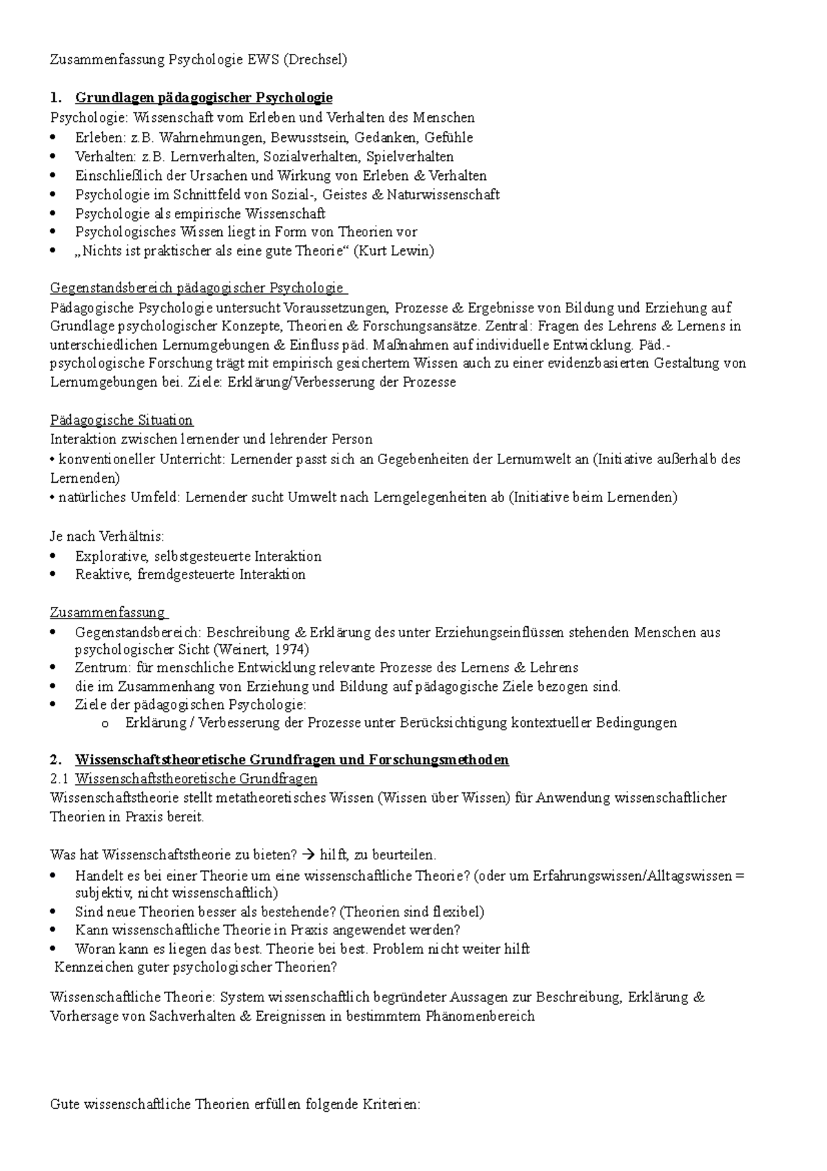 Münchner Skripte Ews Psychologie Zusammenfassung Psychologie EWS - Wahrnehmungen, Bewusstsein, Gedanken