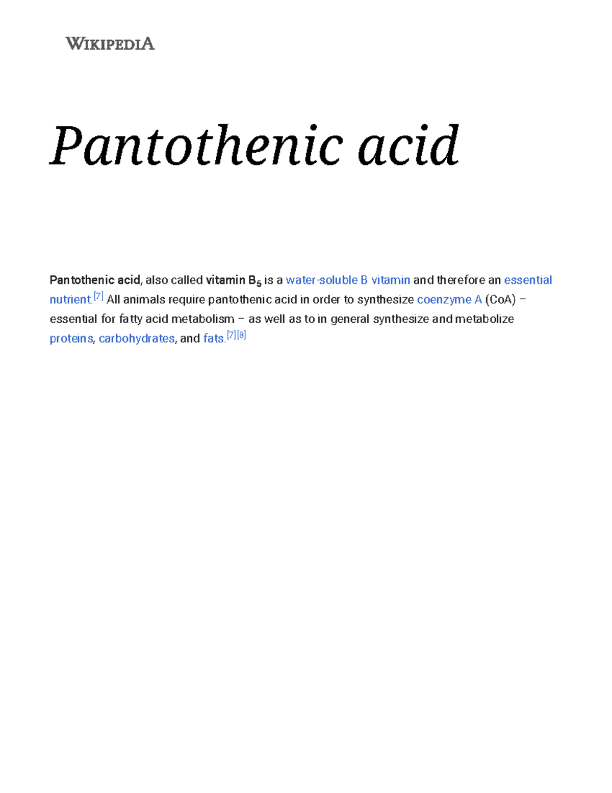 Pantothenic acid pharmacotheraby Pantothenic acid