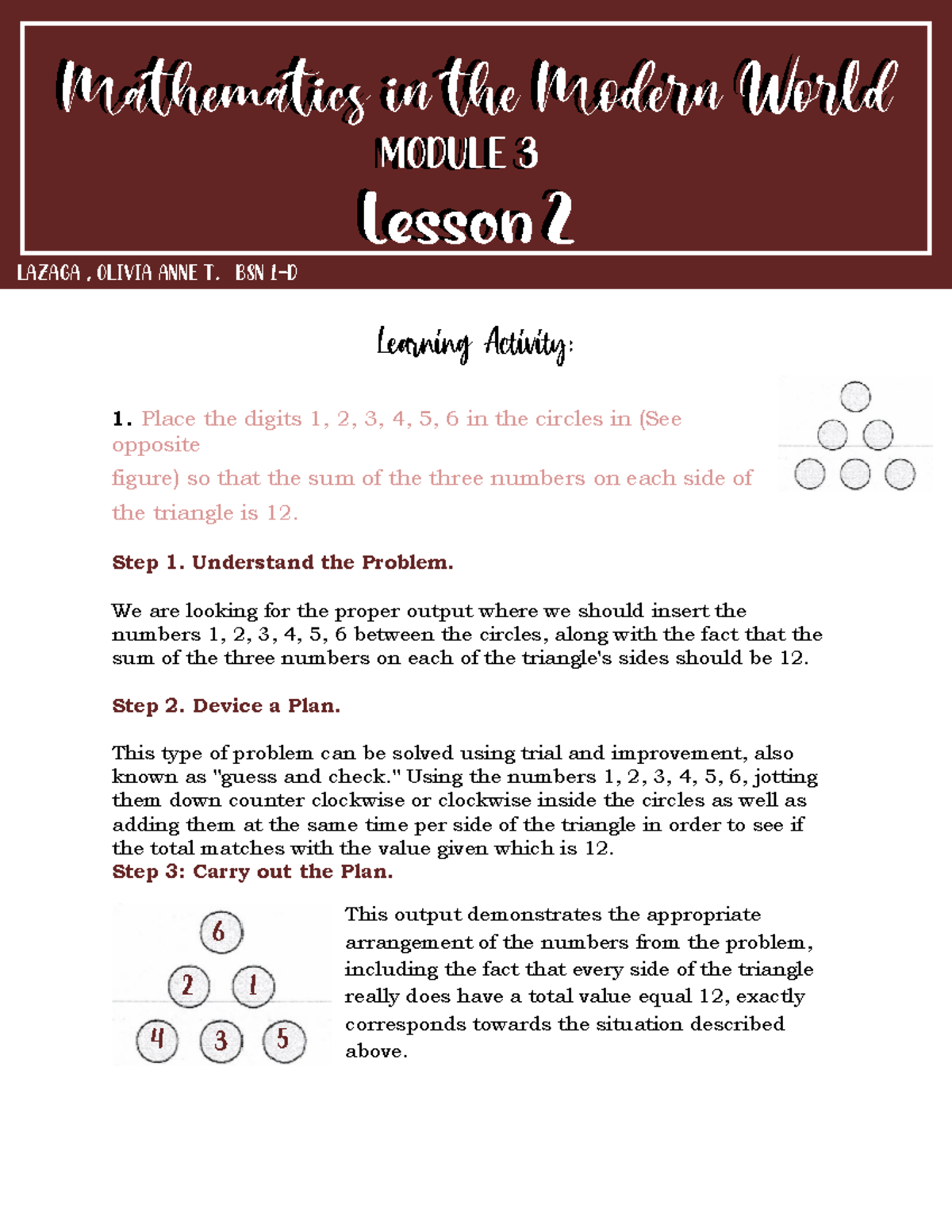 Module 3 Lesson 2 - ....... - K Learning Activity: ####### 1. Place the ...
