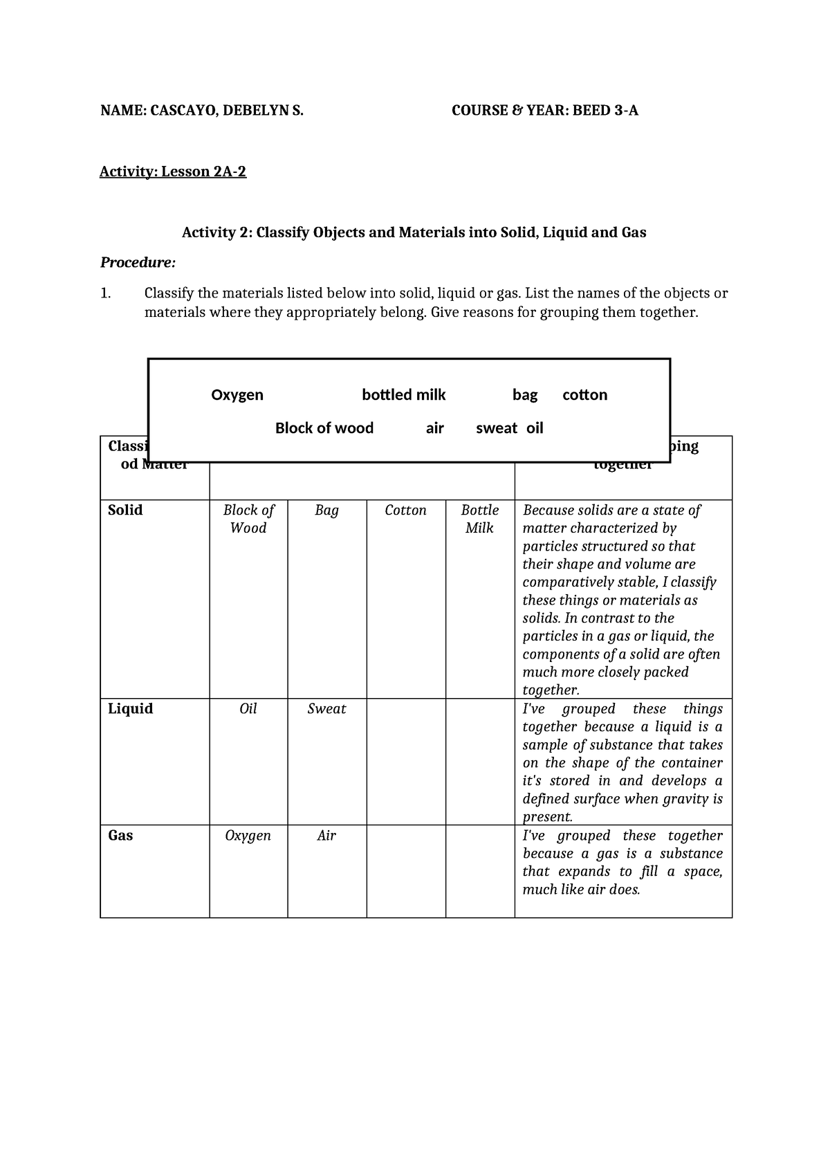 ( Lesson 2A-2 & Lesson 2C-1) - NAME: CASCAYO, DEBELYN S. COURSE & YEAR ...