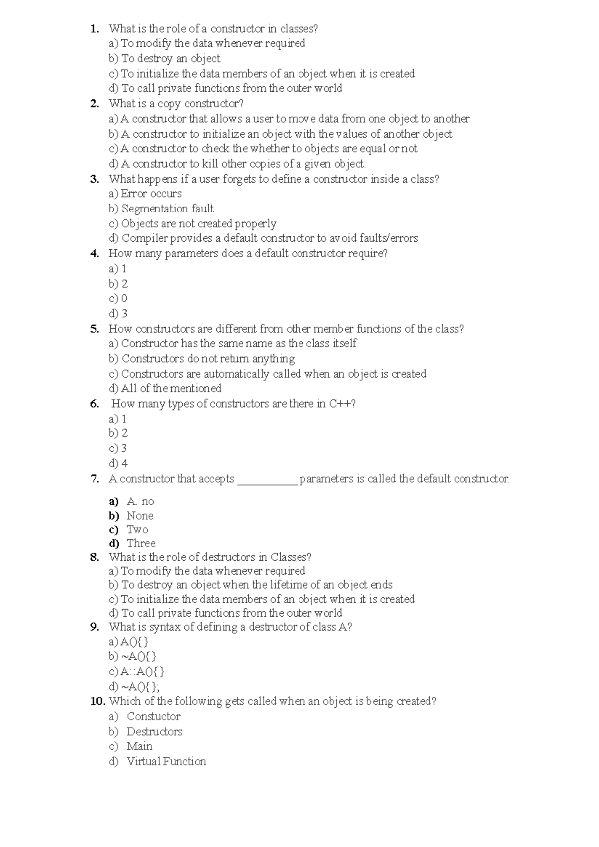 C++ Assignment - multiple choice questions - What is the role of a ...