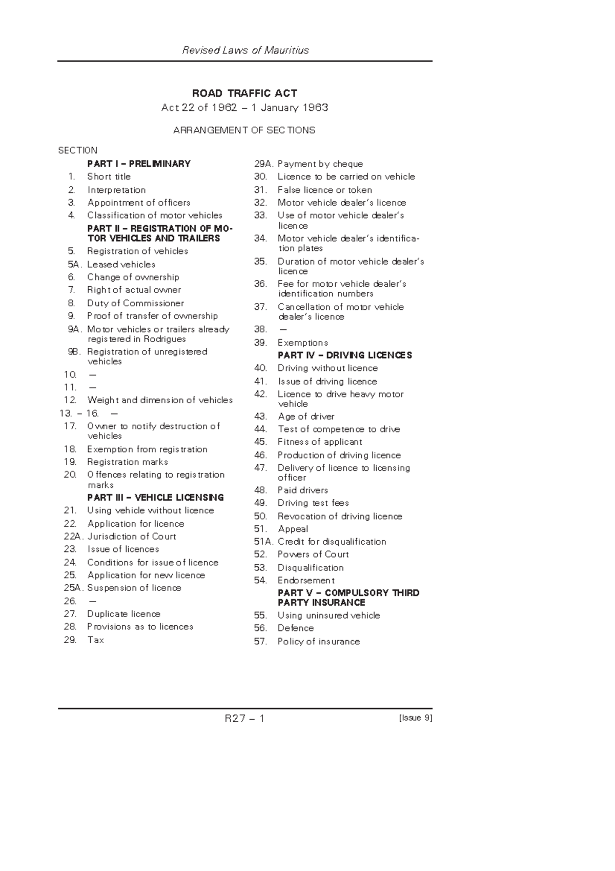 Road Traffic Act-I9 - Revised Laws of Mauritius R27 ñ 1 [Issue 9] ROAD ...