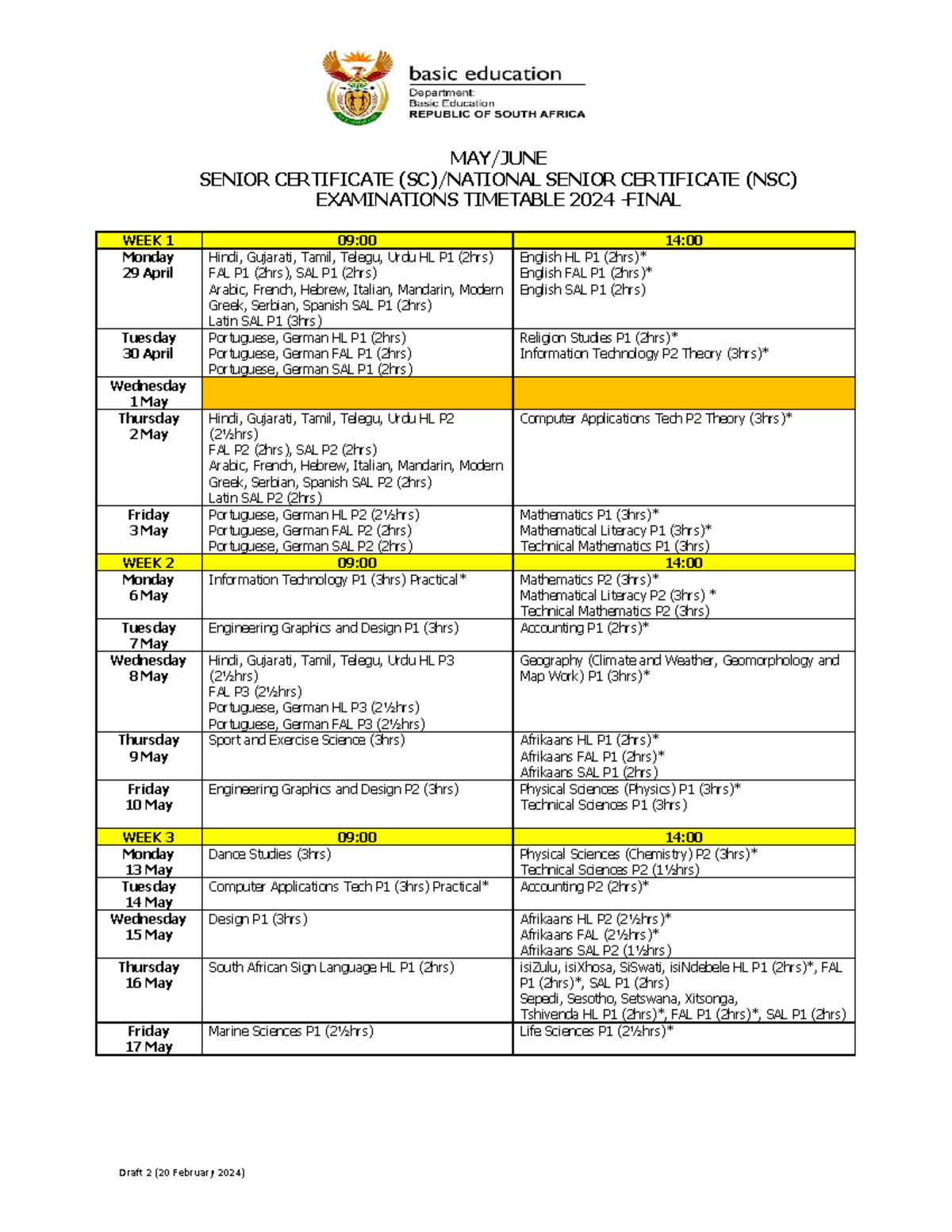 NSC SC 2024MayJune Timetable Draft 2 (20 February 2024) MAY/JUNE