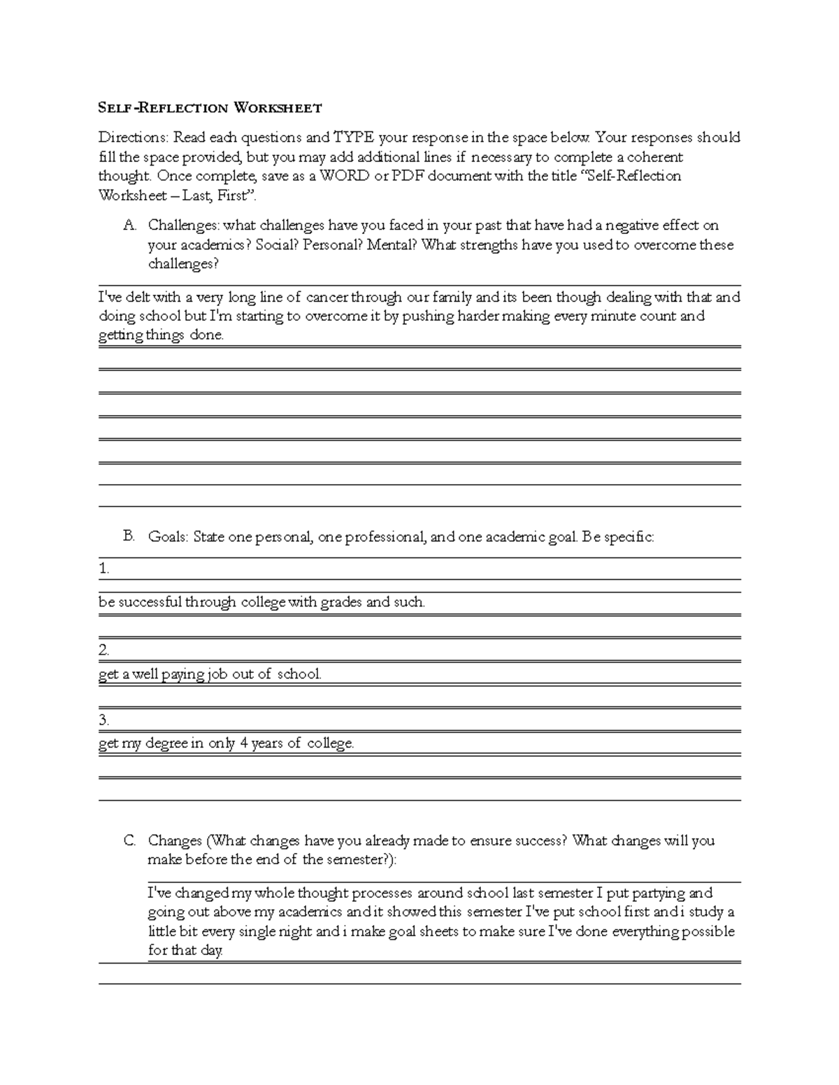 Self-Reflection Worksheet - SELF-REFLECTION WORKSHEET Directions: Read 