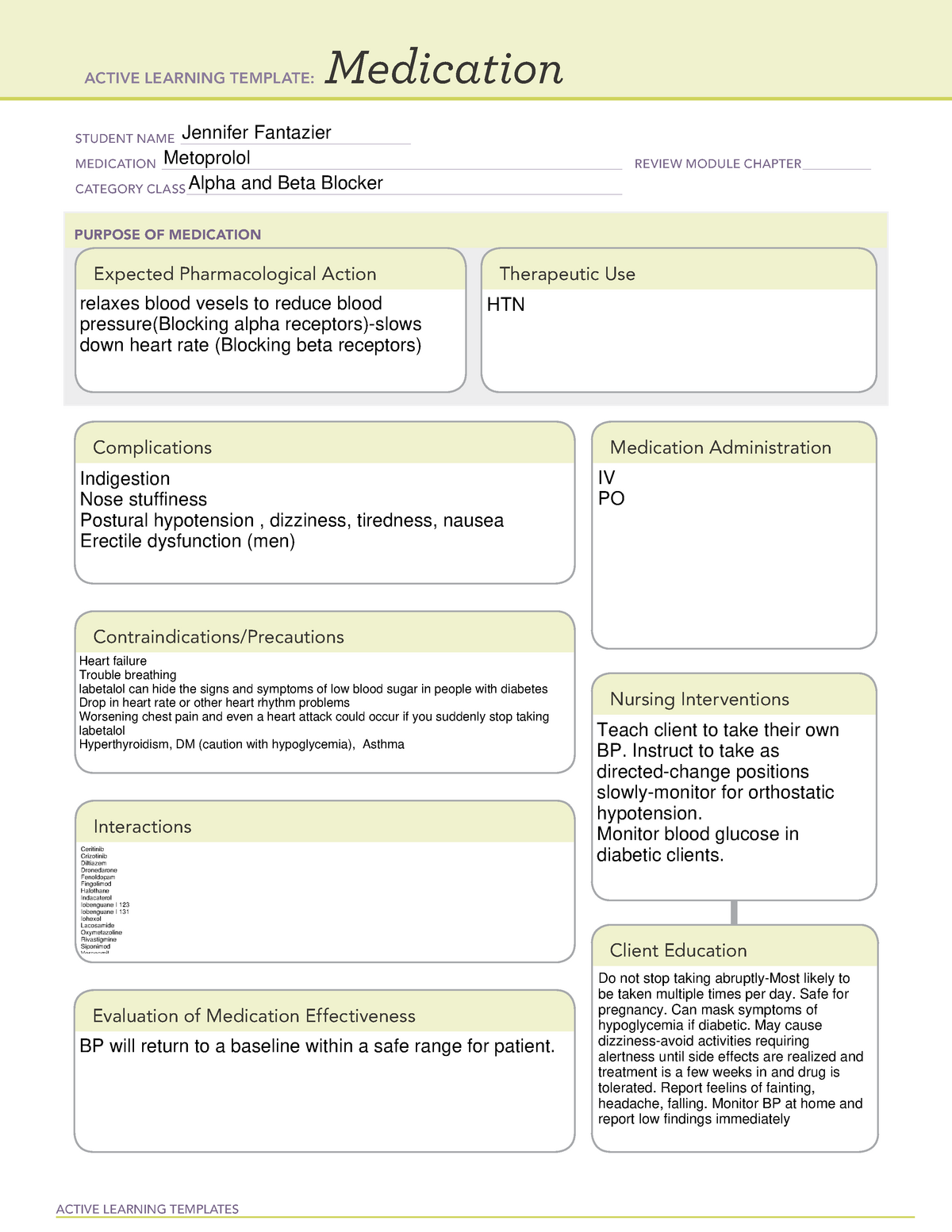 Metoprolol Medication Template ACTIVE LEARNING TEMPLATES Medication