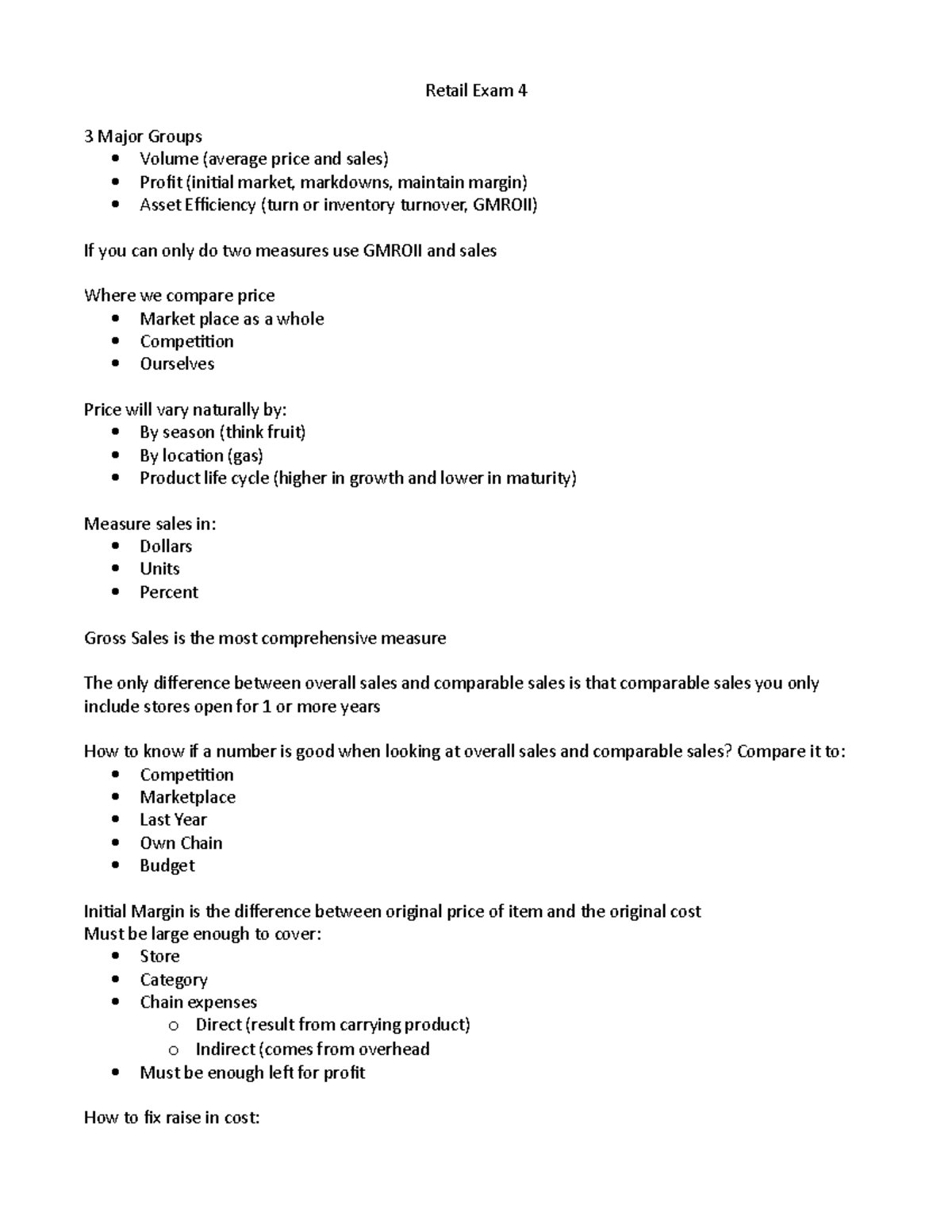 Retail Exam 4 - Nicole Cox Exam 4 shortened notes without the formulas ...