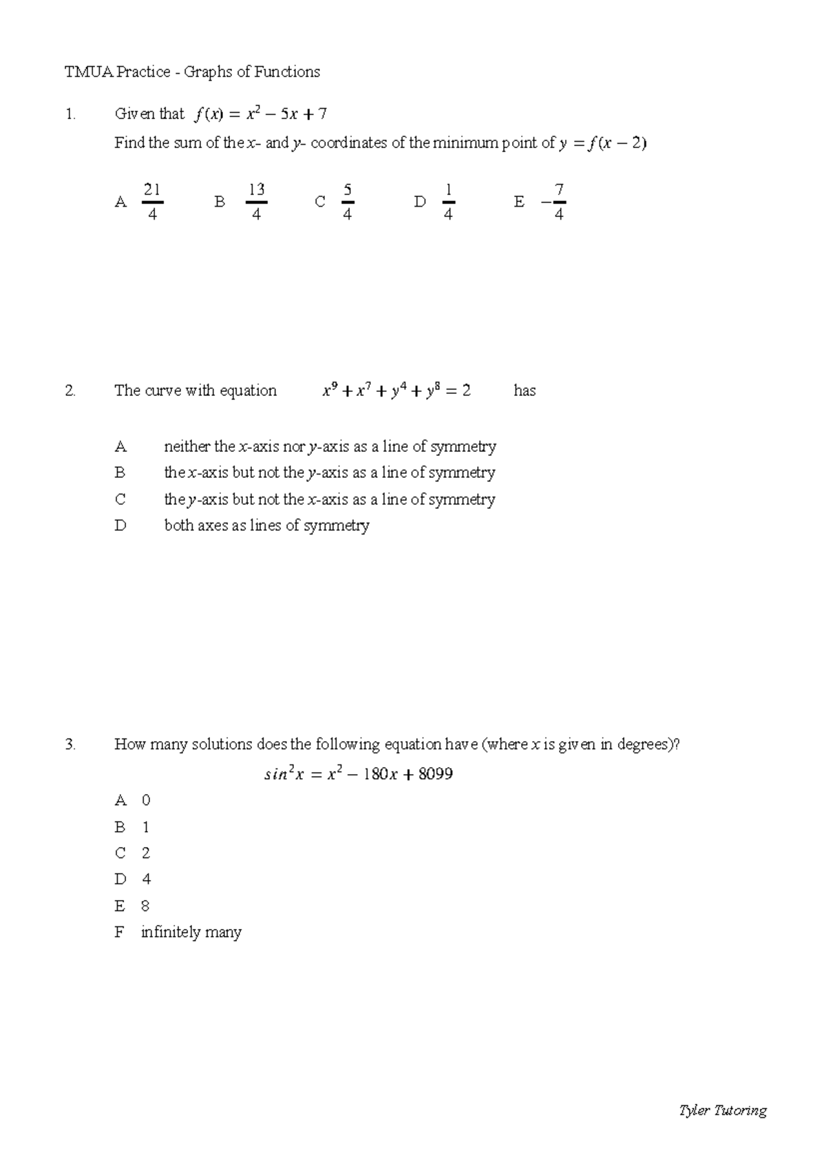 UA Graphs of Functions MC - TMUA Practice - Graphs of Functions 2. The ...