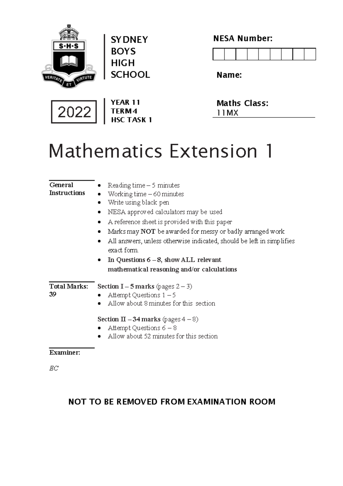 SBHS 2022 ME 1 HSC Task 1 - Trigonometry and Functions - SYDNEY BOYS ...