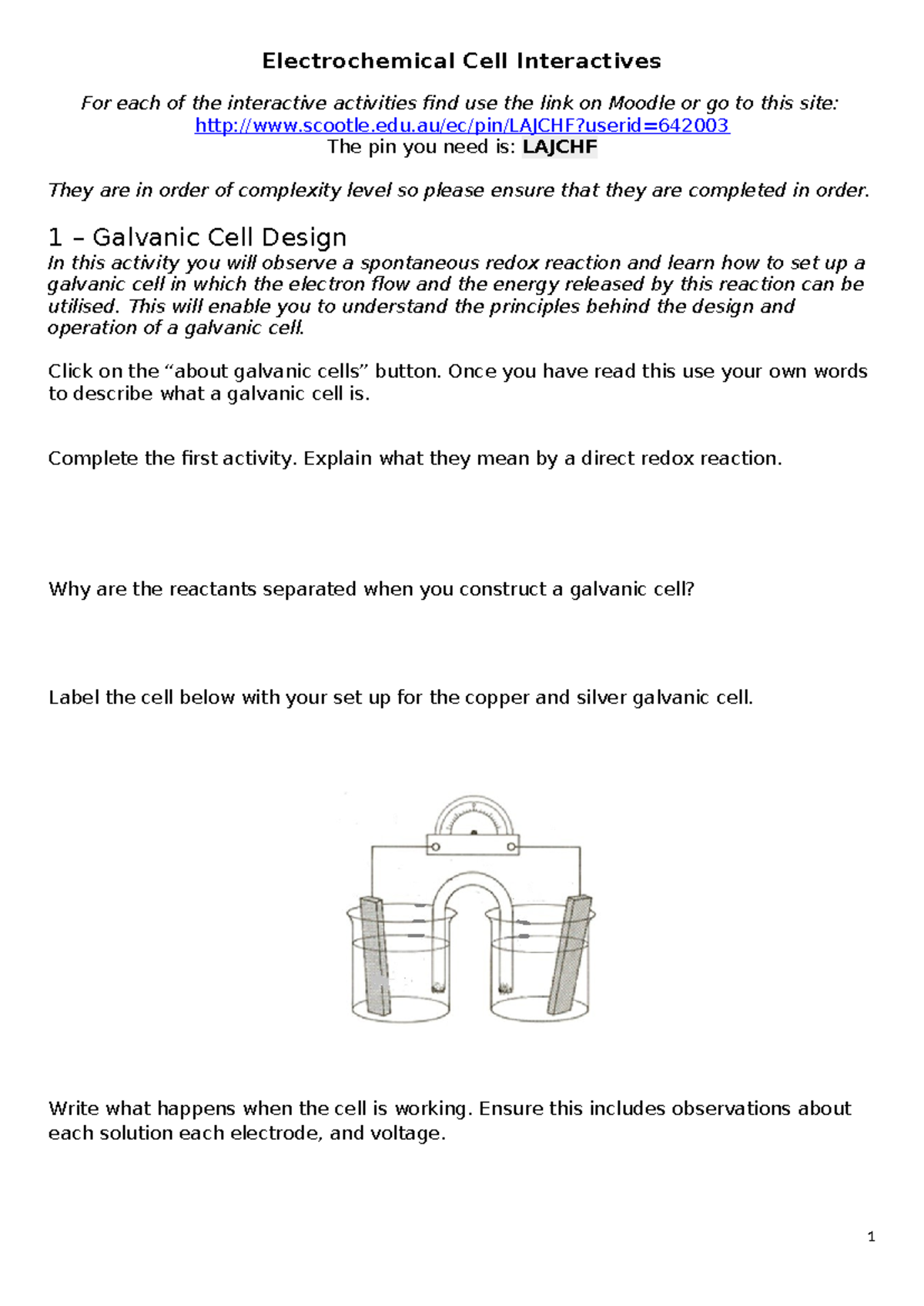 Year 12 Chemistry Redox Interactives worksheets Electrochemical Cell Interactives For each of