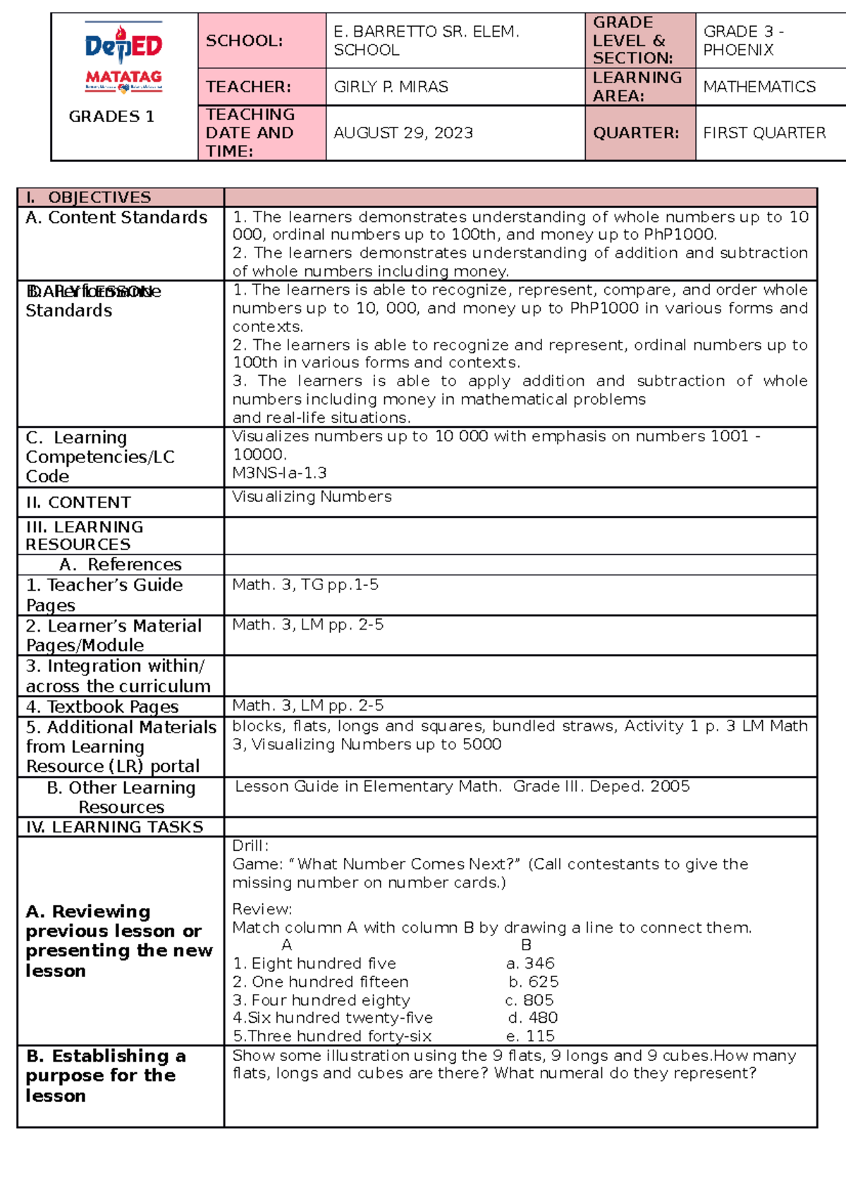 WEEK 1 DAY 1 Q1 DLP IN MATH 3 - SCHOOL: E. BARRETTO SR. ELEM. SCHOOL ...