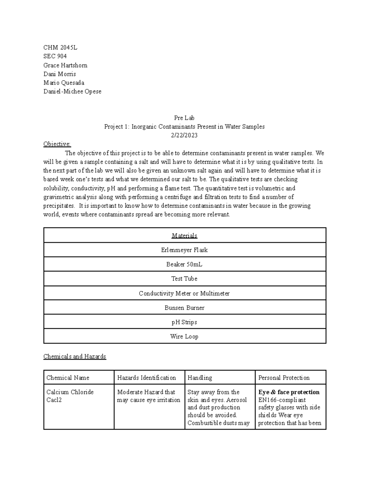 Prelab 4 - Part 1 - CHM 2045L SEC 904 Grace Hartshorn Dani Morris Mario ...