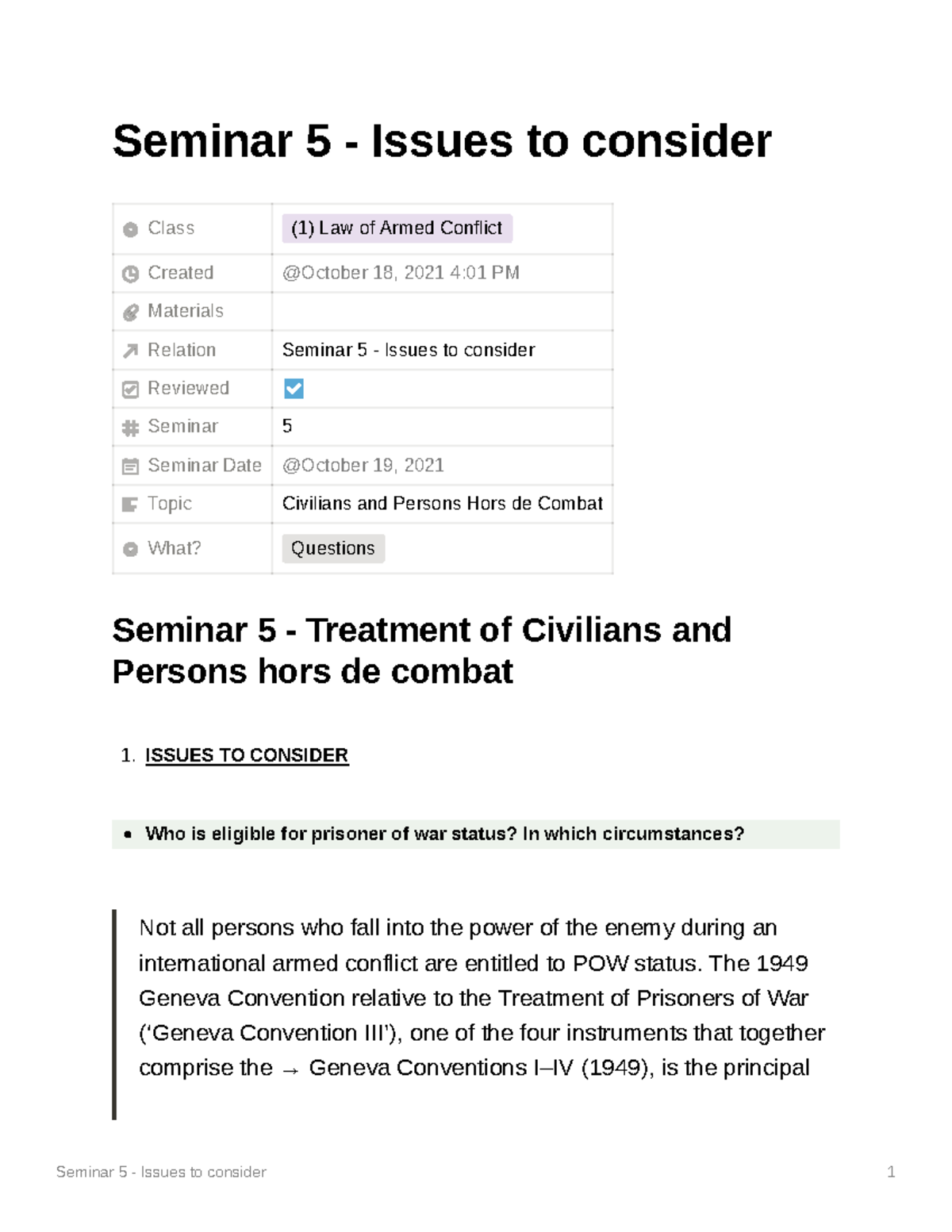 Seminar 5 Issues to consider Treatment of Civilians and Persons hors