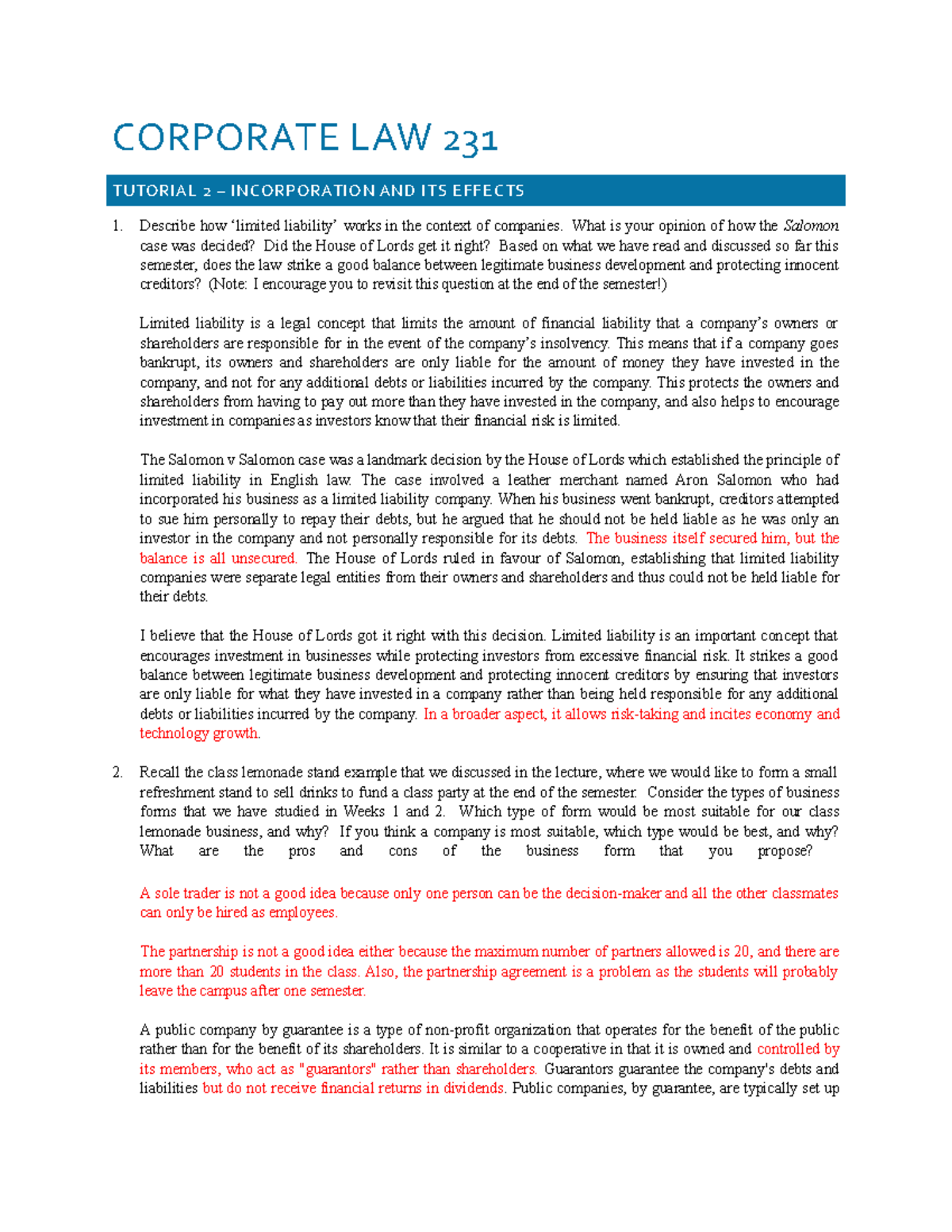 Corporate Law Tutorial 2 (Week 3 Separate Legal Entity and company