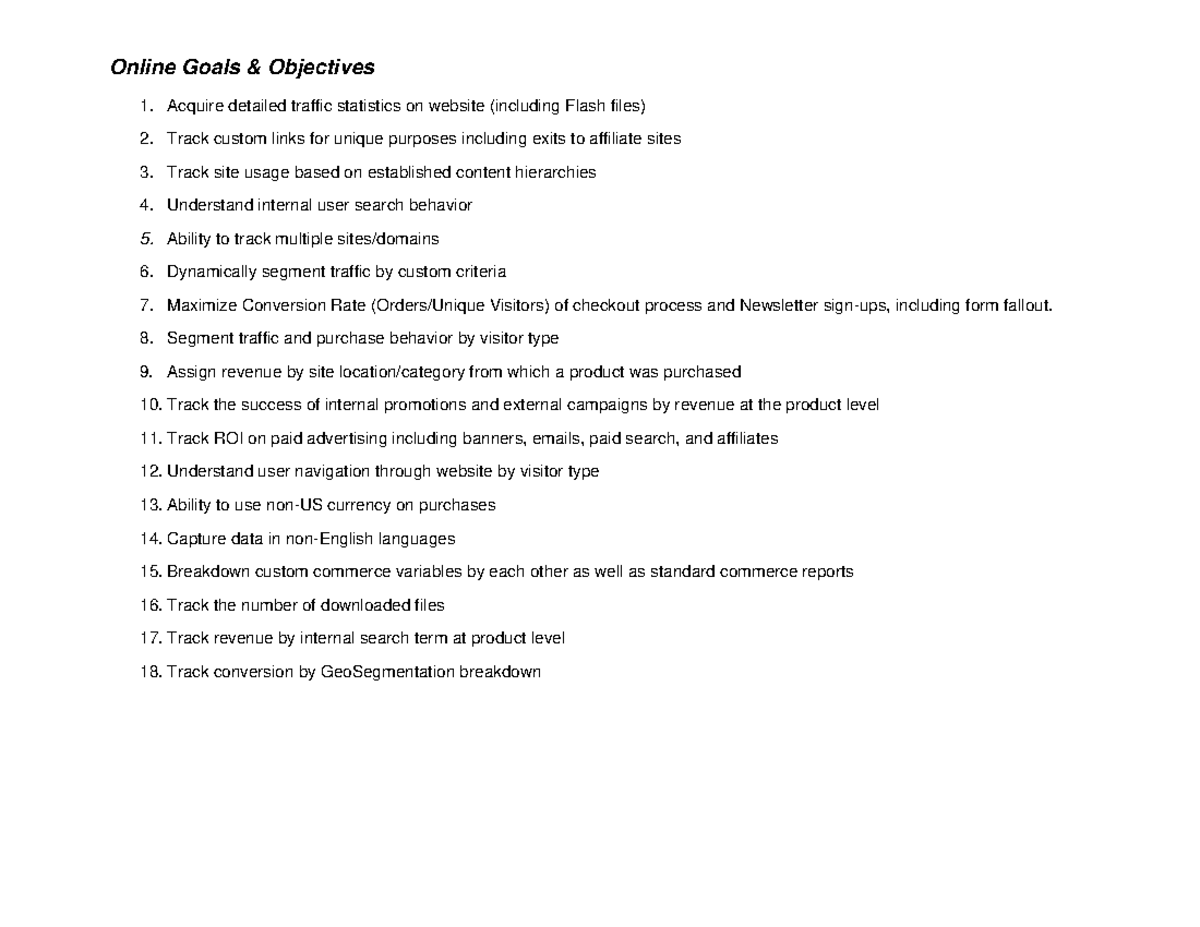 Example BRD - Online Goals & Objectives 1. Acquire detailed traffic ...