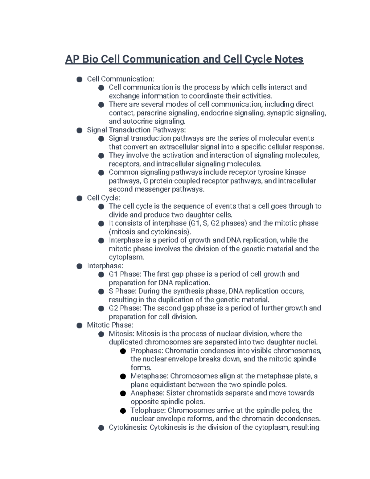 Ap Bio Cell Communication And Cell Cycle Notes There Are Several