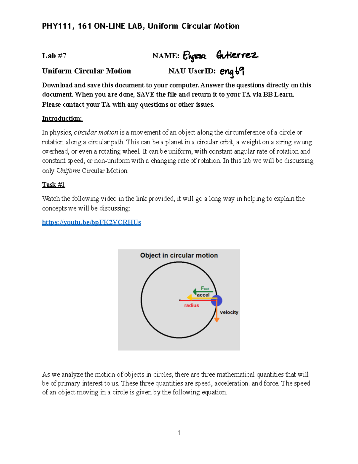 lab experiment on uniform circular motion