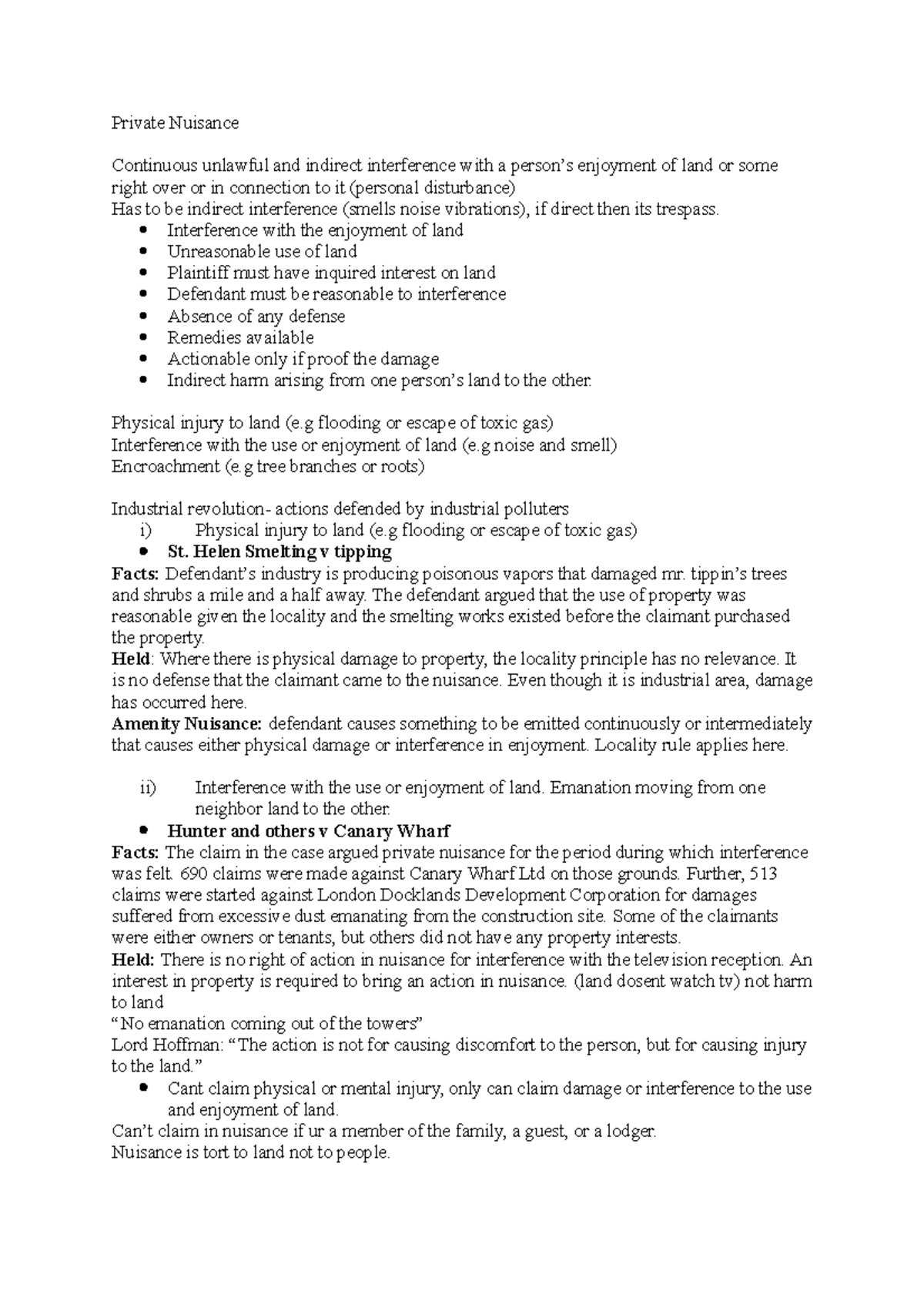 Tort Law Private Nuisance Continuous unlawful and indirect