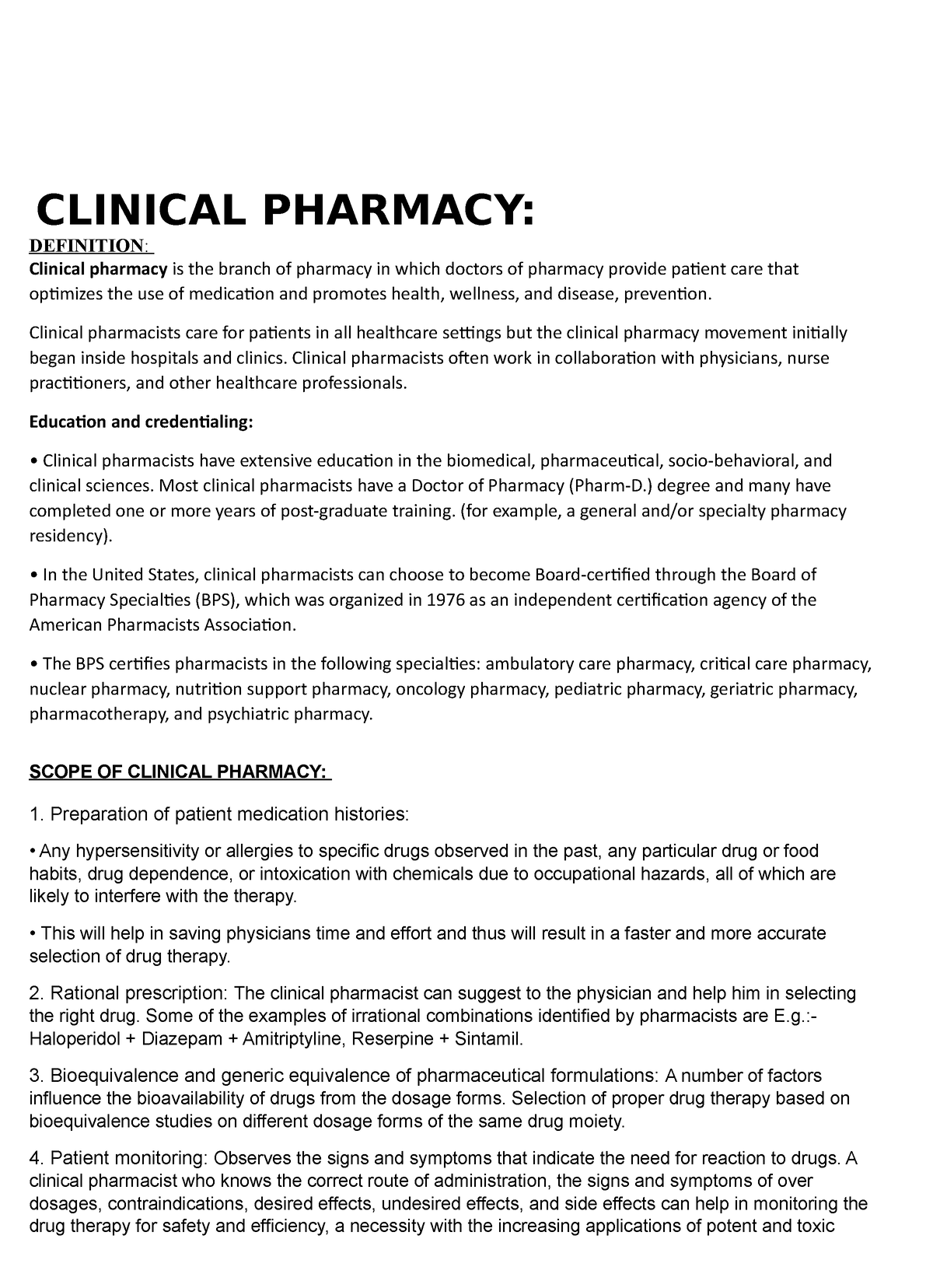 Clinical Pharmacy CLINICAL PHARMACY DEFINITION Clinical pharmacy is